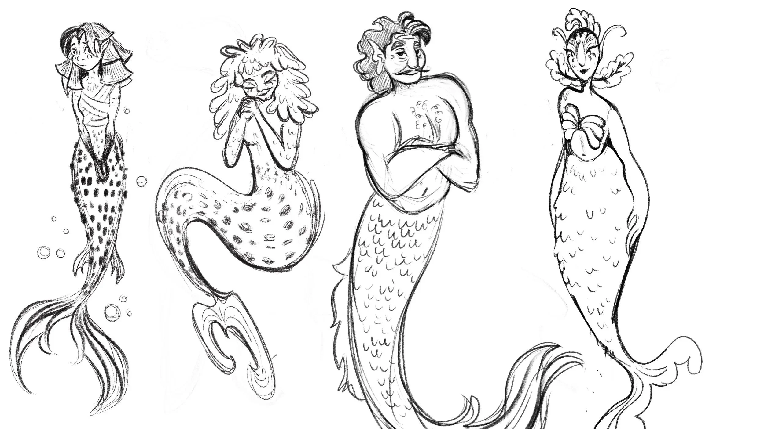 Sketch of four mermaid characters with different hair and tail styles.