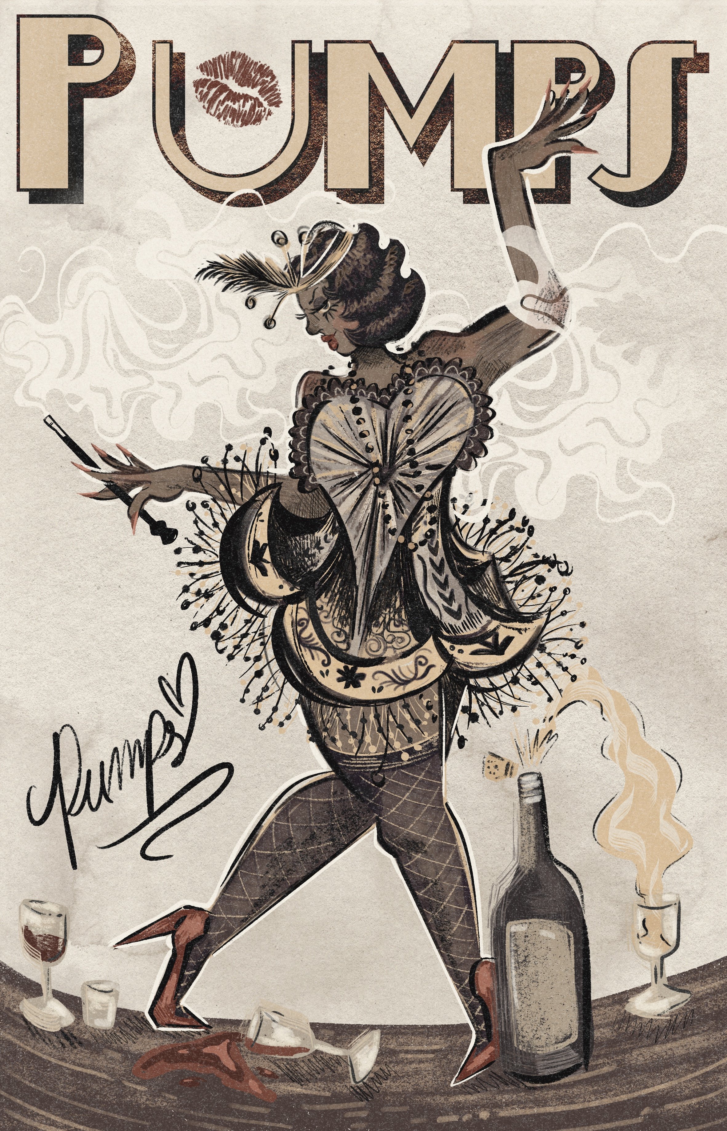 A stylized illustration of a woman dancing or posing There are candles, a wine bottle, spilled wine, broken glass, and a lit cigarette on a table. The word 'PUMPS' is at the top, with a pink kiss mark replacing the letter 'O'. The artist's signature 