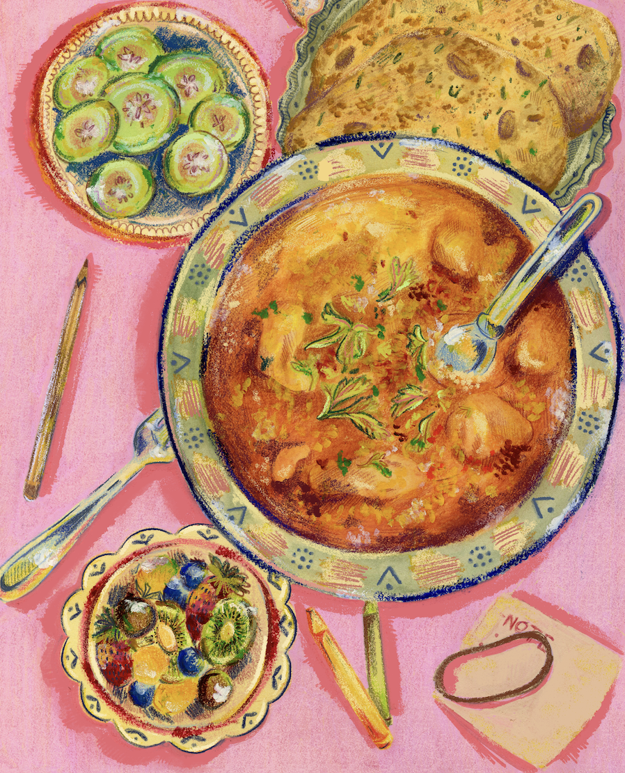Painting of a table with a bowl of soup garnished with herbs, a plate of bread, a bowl of fruit, and utensils on a pink tablecloth.