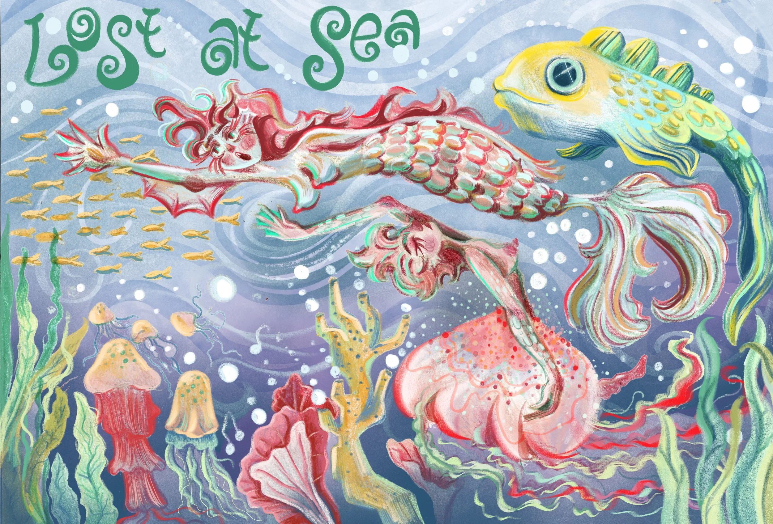 Colorful underwater scene with mermaid, fish, coral, jellyfish, and seaweed, with the text 'Lost at Sea' at the top.