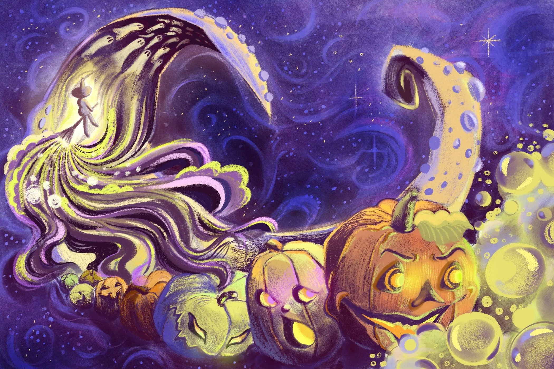 Colorful, whimsical illustration of Jack and Sally's pumpkins from The Nightmare Before Christmas, with a swirling night sky, a large crescent moon, and a whimsical witch character riding a broomstick.