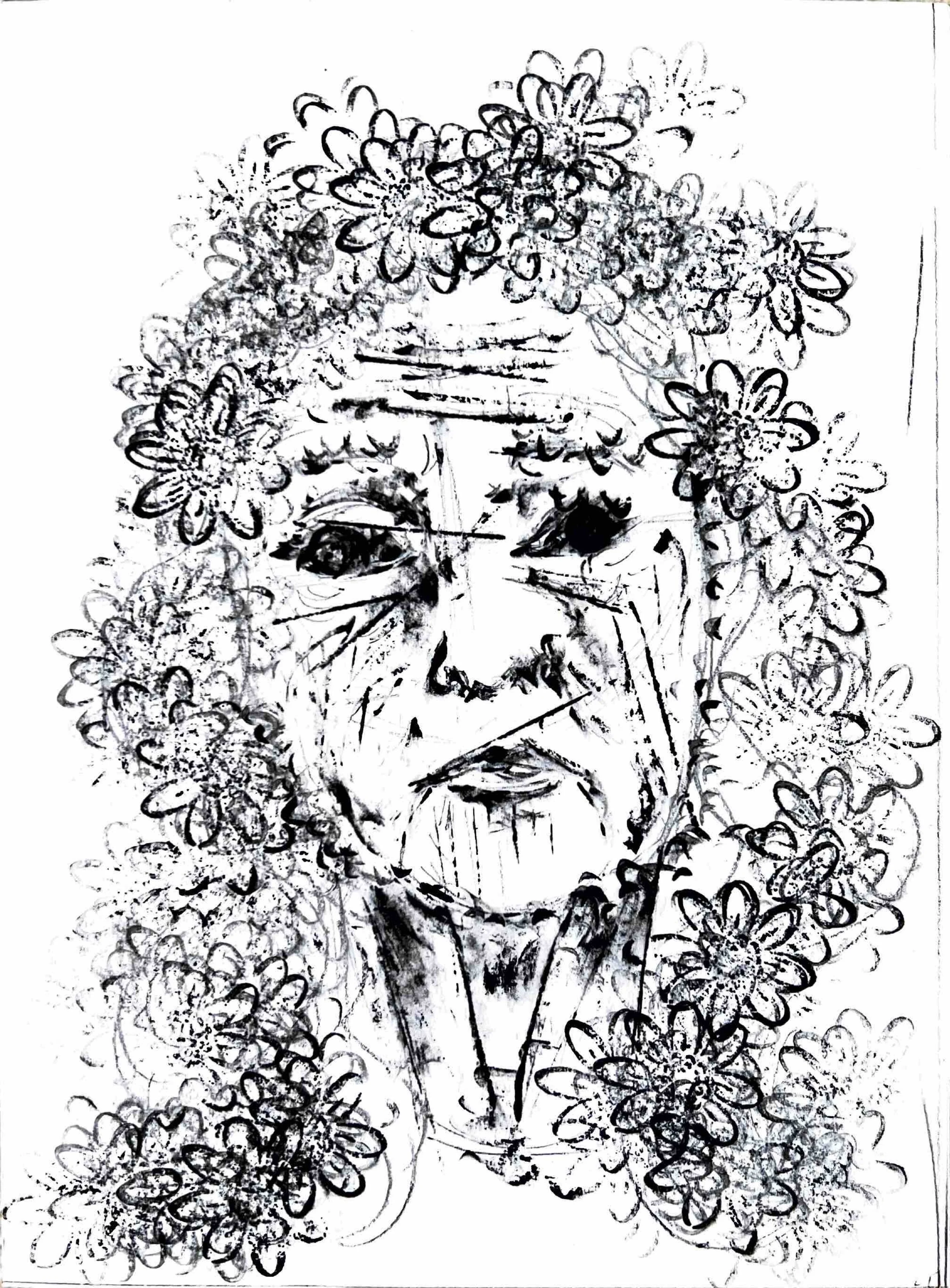 Sketch of a woman's face surrounded by flowers in black ink with expressive lines.