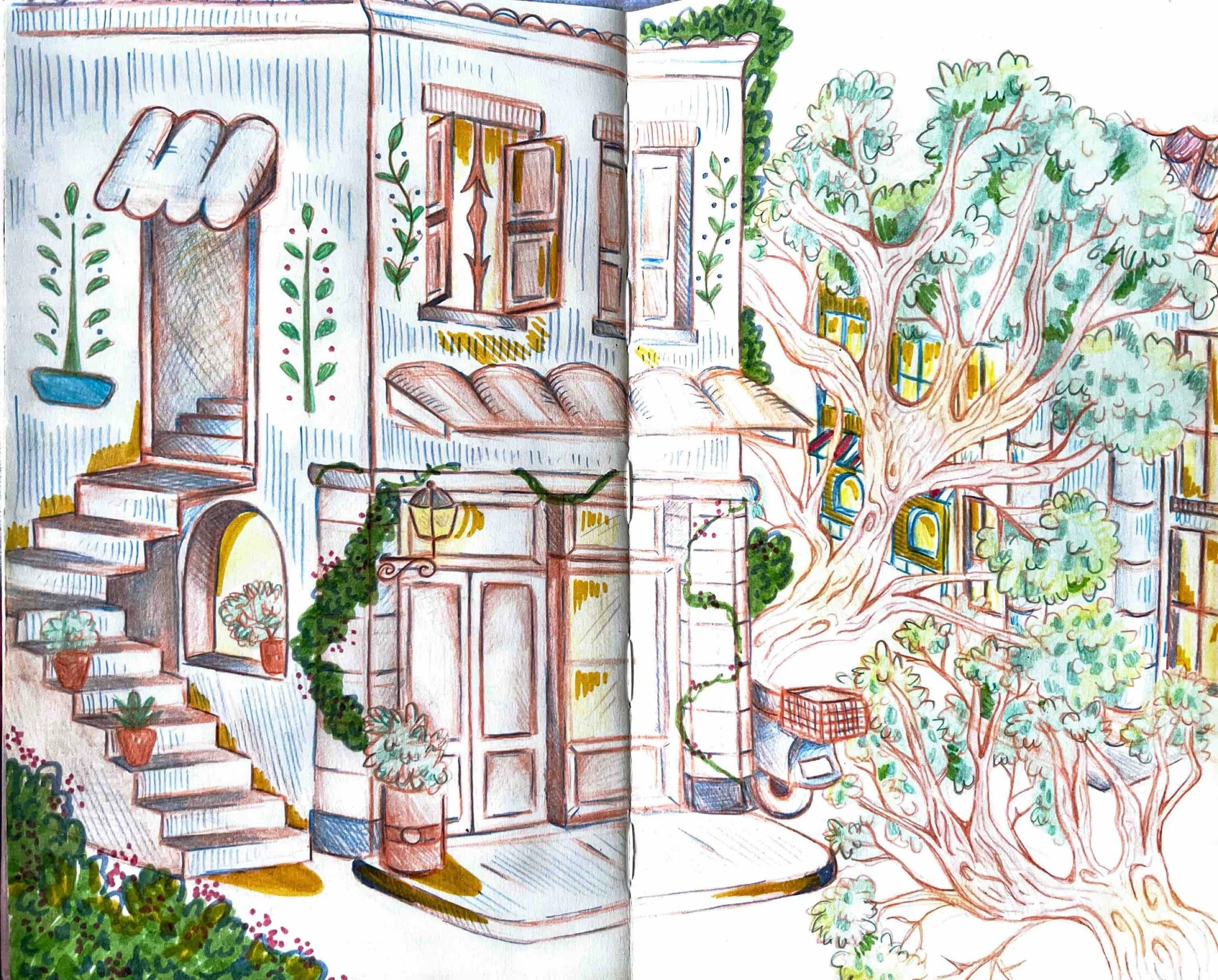 A colorful, artistic drawing of a house with open window shutters, potted plants, a staircase, and a large tree with many leaves and windows, all depicted with bright, playful colors and sketchy lines.