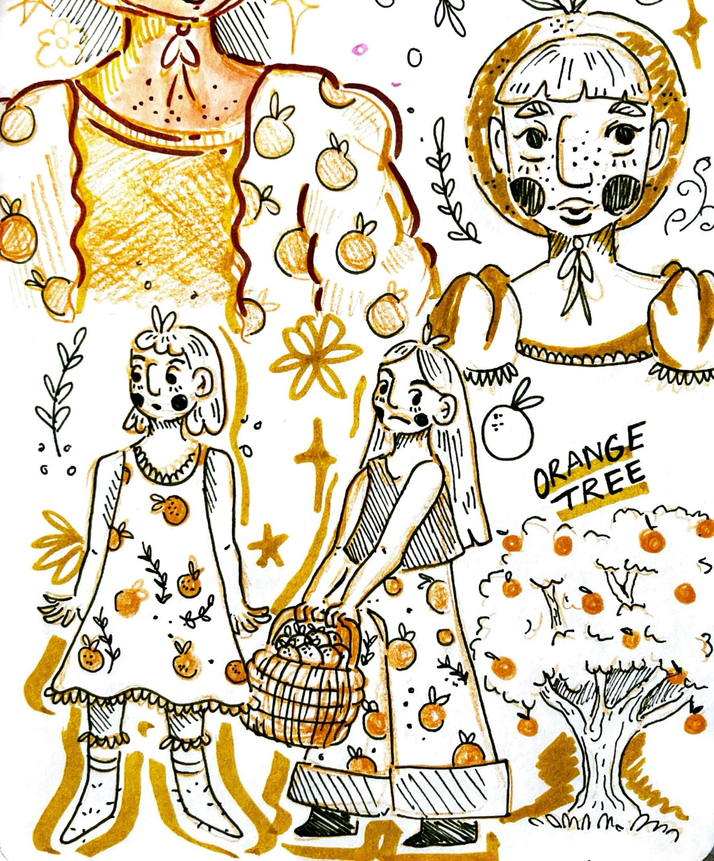 Illustration of children picking oranges in an orange orchard. The scene includes a large orange tree, a basket of oranges, and several kids dressed in fruity-themed clothing. The style is playful and whimsical, with bold black outlines and gold acce