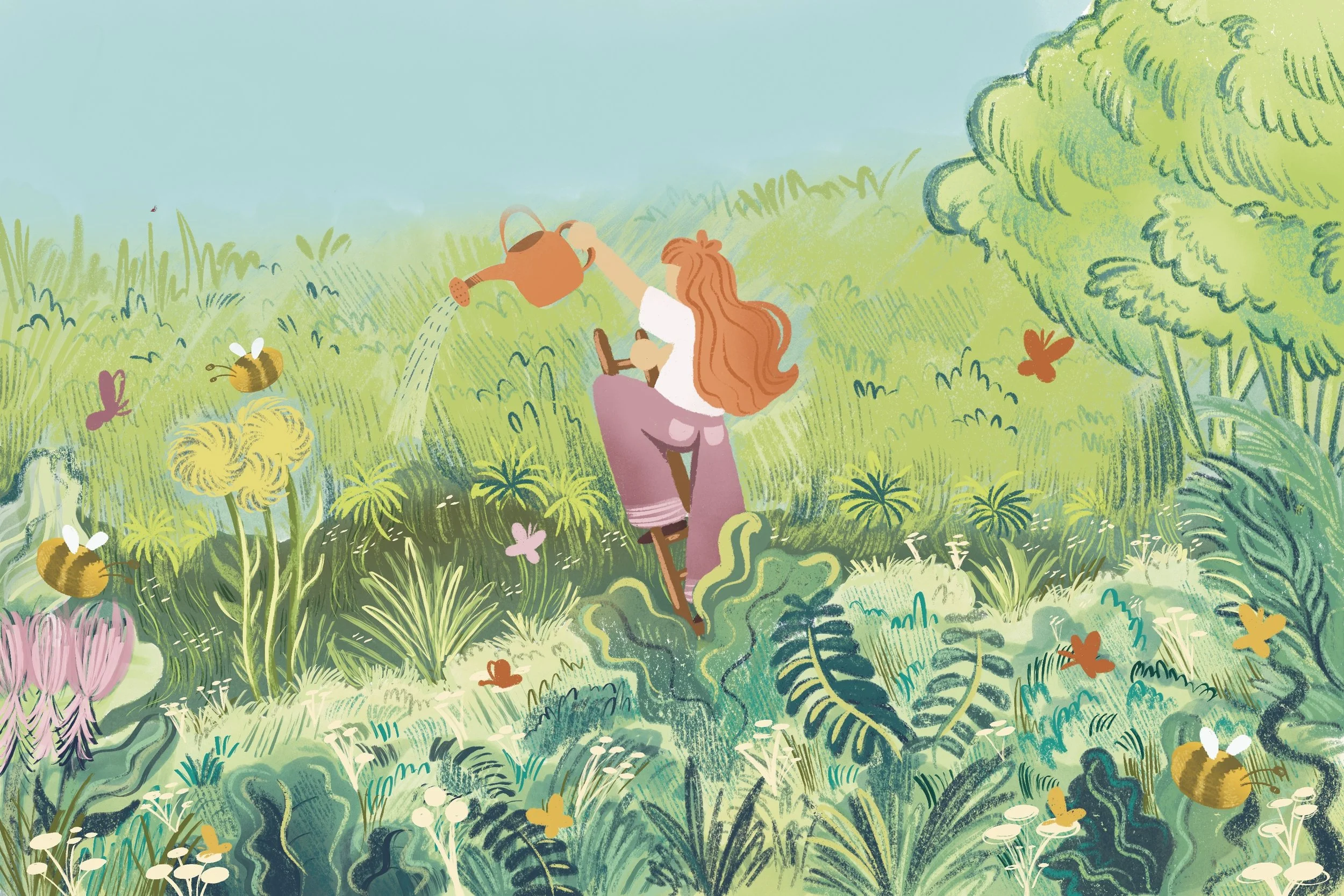 A girl with long red hair watering flowers and plants in a lush, green garden with bees and butterflies flying around.