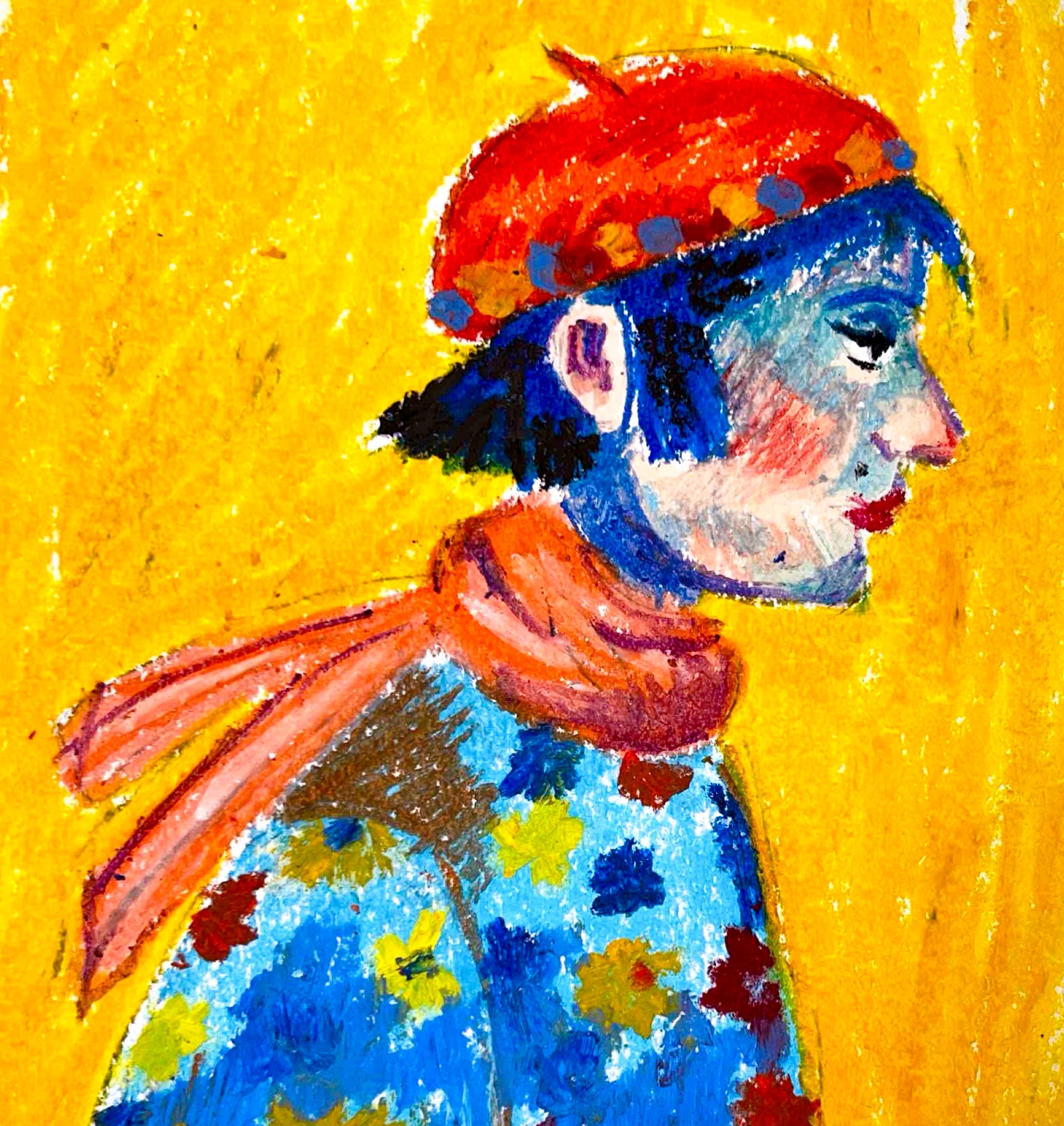 A colorful portrait of a woman with a red headscarf, blue dress with yellow and red flowers, and a red scarf around her neck, set against a bright yellow background.