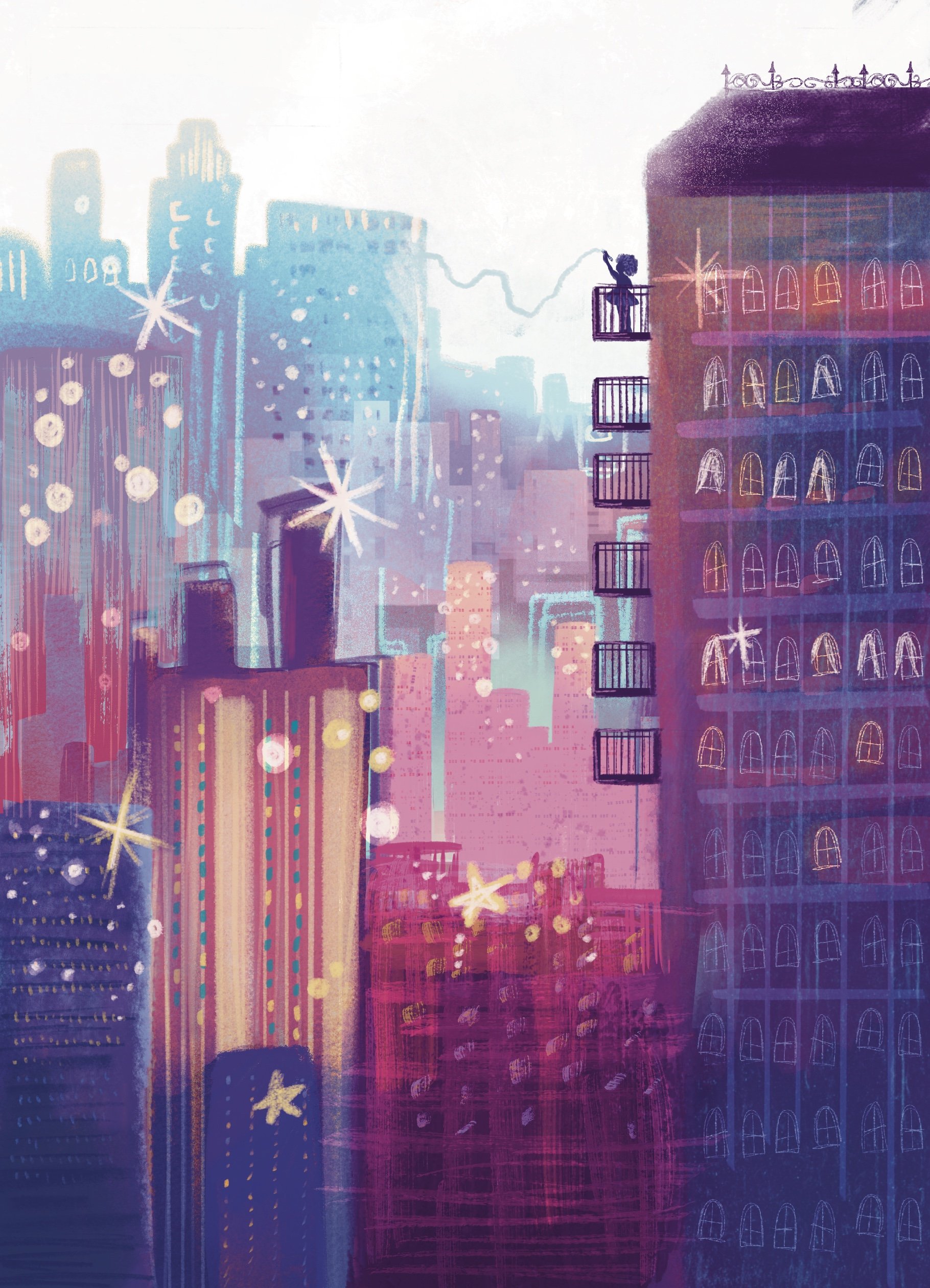 Illustration of city skyline at dusk with tall buildings, some with lit windows, and a person on a balcony smoking, connected to the city below by a string of smoke, with decorative lights and stars.