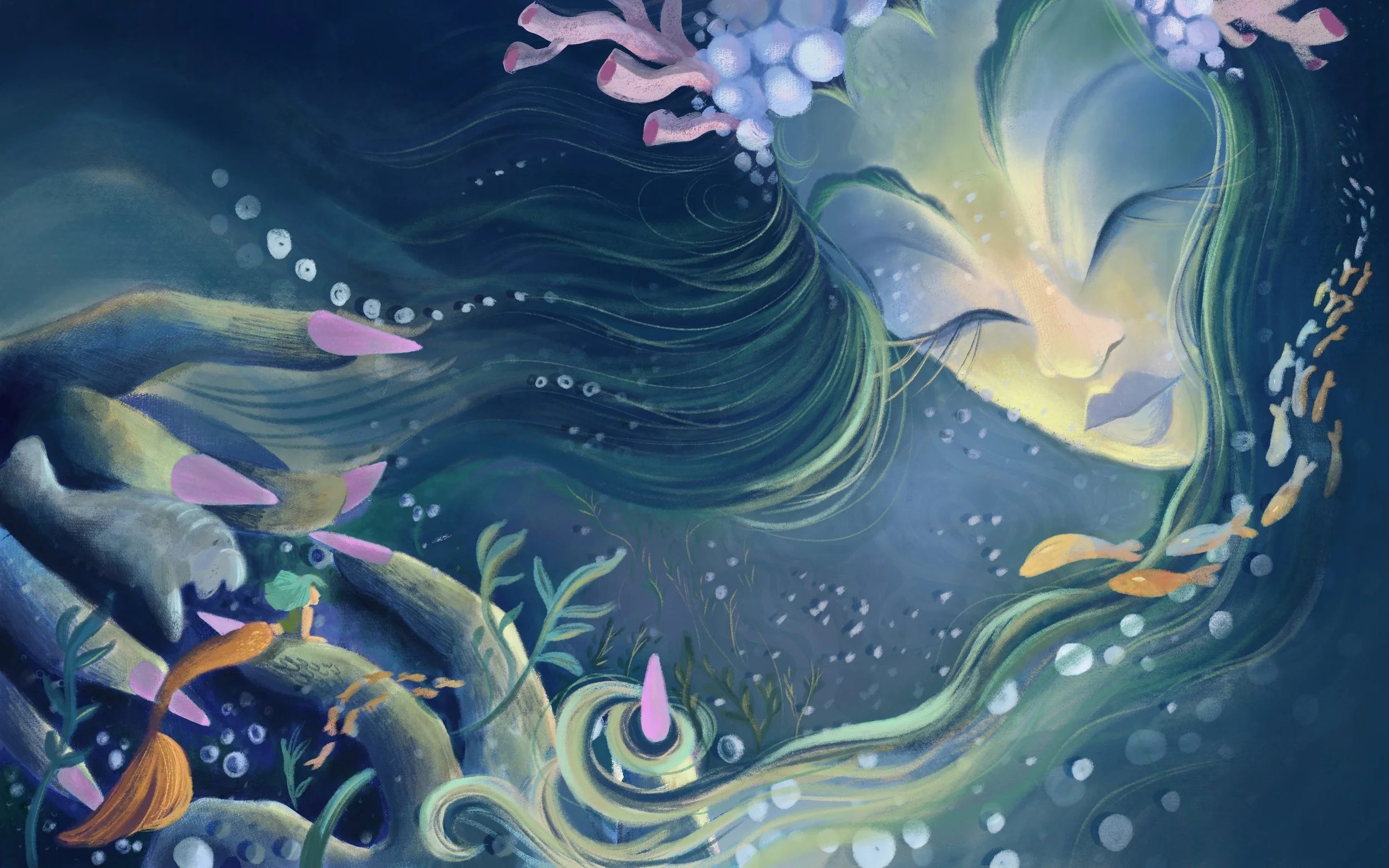Artwork of a surreal underwater scene featuring a woman's face with closed eyes, flowing green hair, coral, fish, and ocean plants.