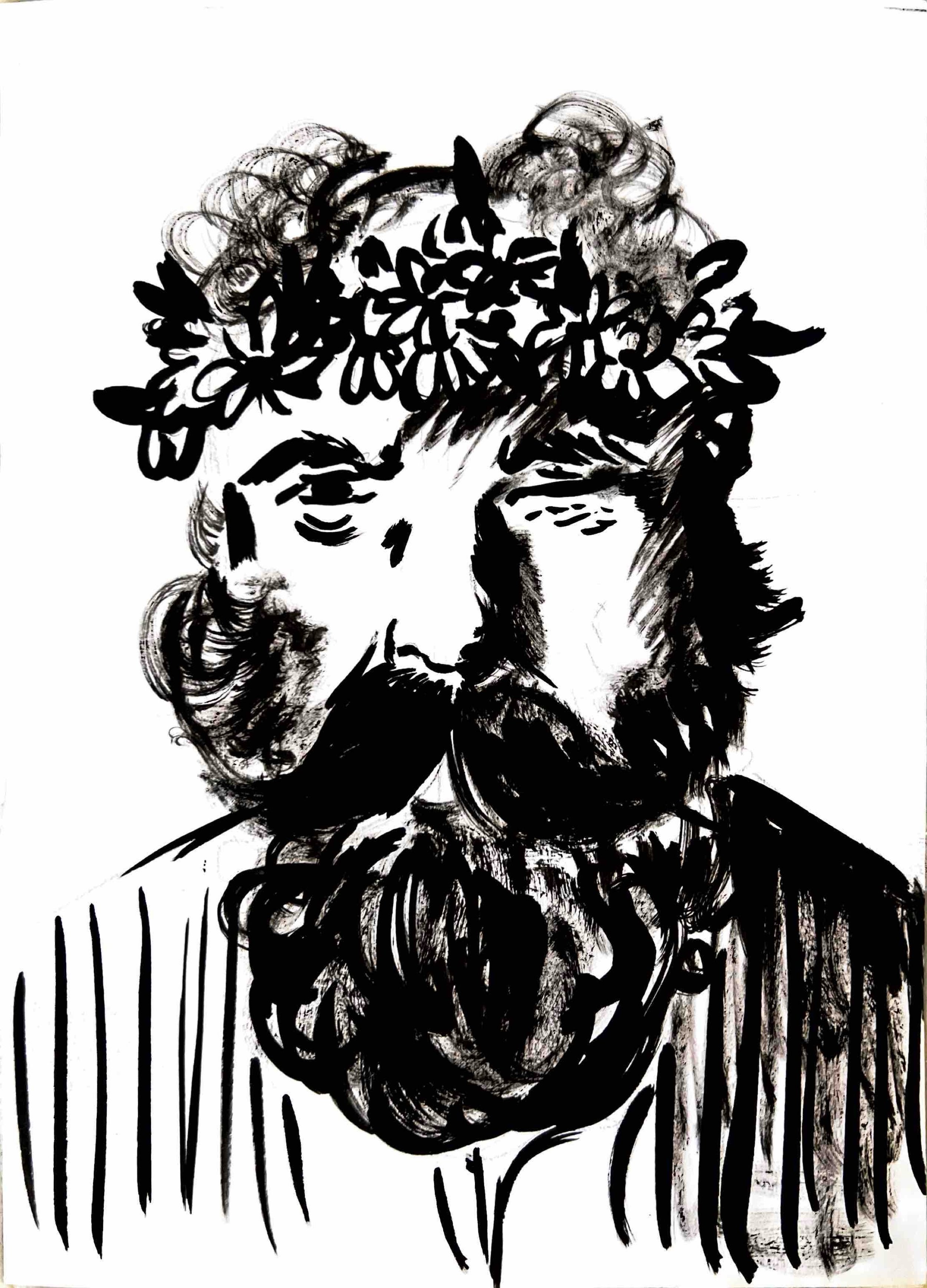 Black and white sketch of a man with a beard, mustache, and long hair, wearing a floral crown and striped clothing