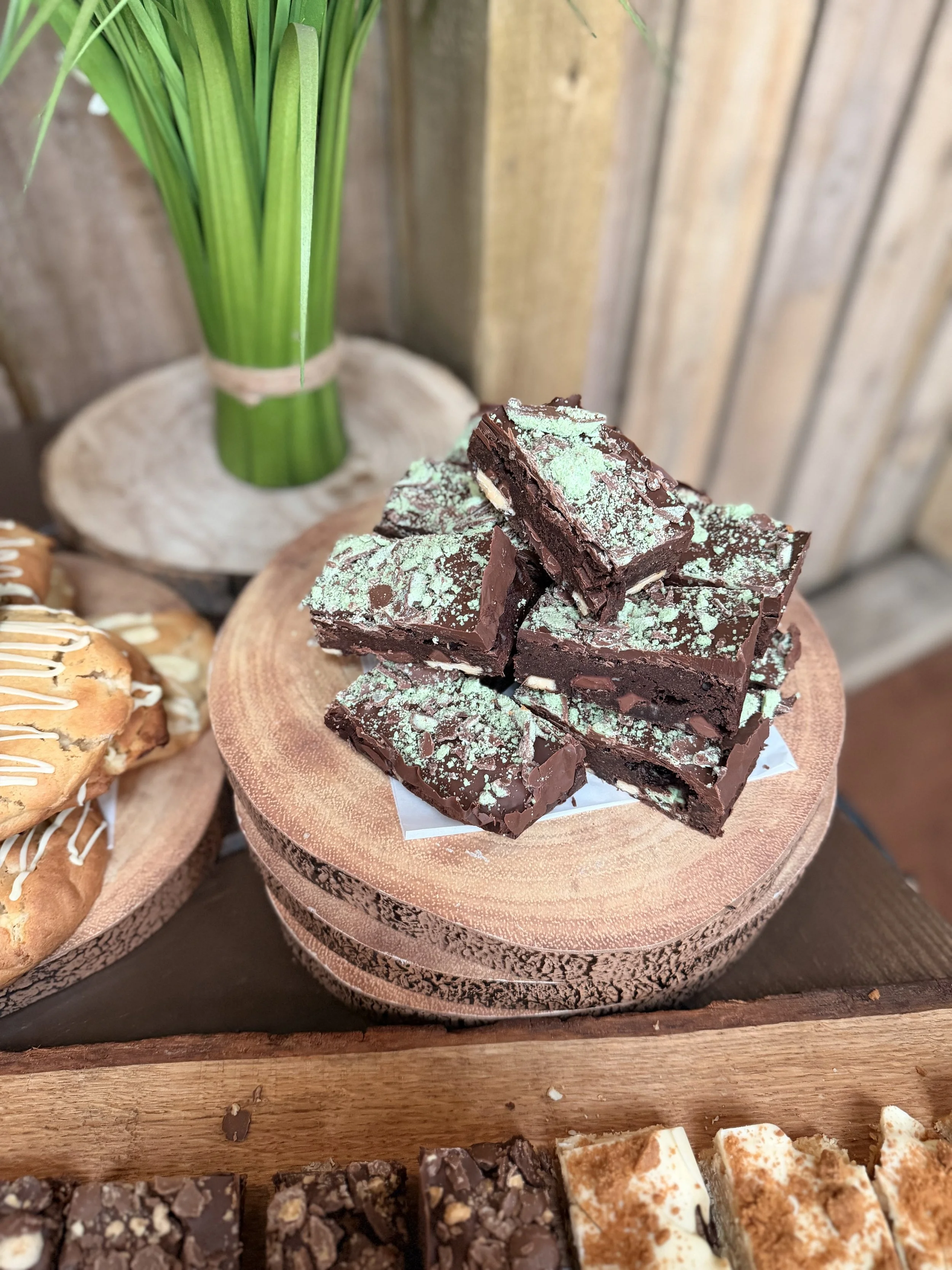 Mint Aero Brownie displayed in a brownie stack on a wooden board
