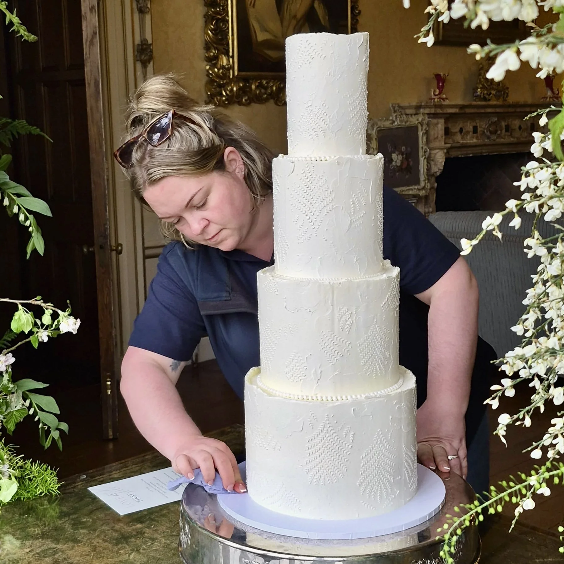 Textured White Wedding Cake delivered to Arley Hall by Merryfall Cakes Bakery