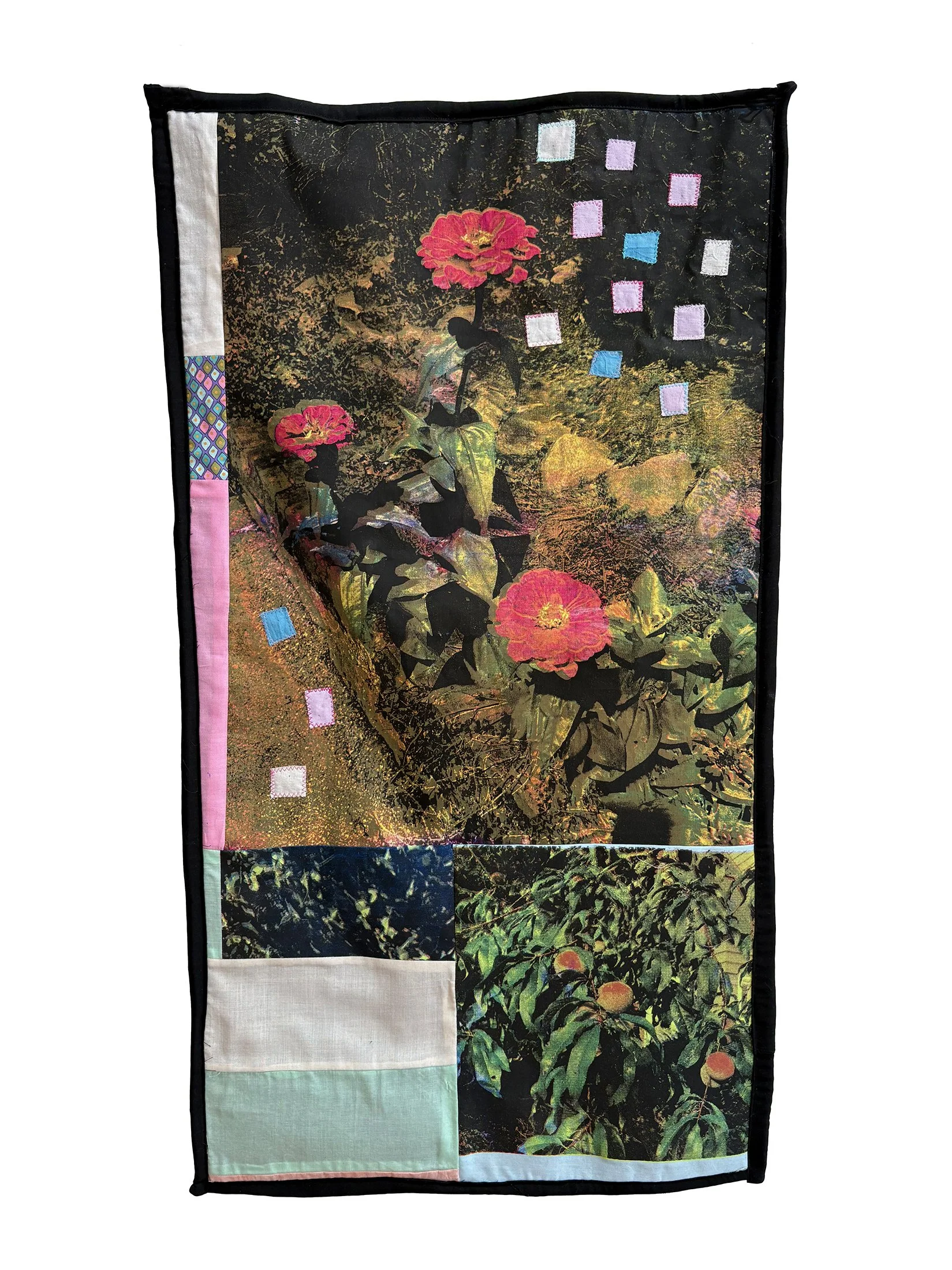 Wall Quilt 1 -- This is one of three wall quilts, building off a series I started in 2020 that eventually led to my MFA thesis exhibition in spring 2022. This is made from CMYK screenprints of photographs I took that were printed on upcycled textiles