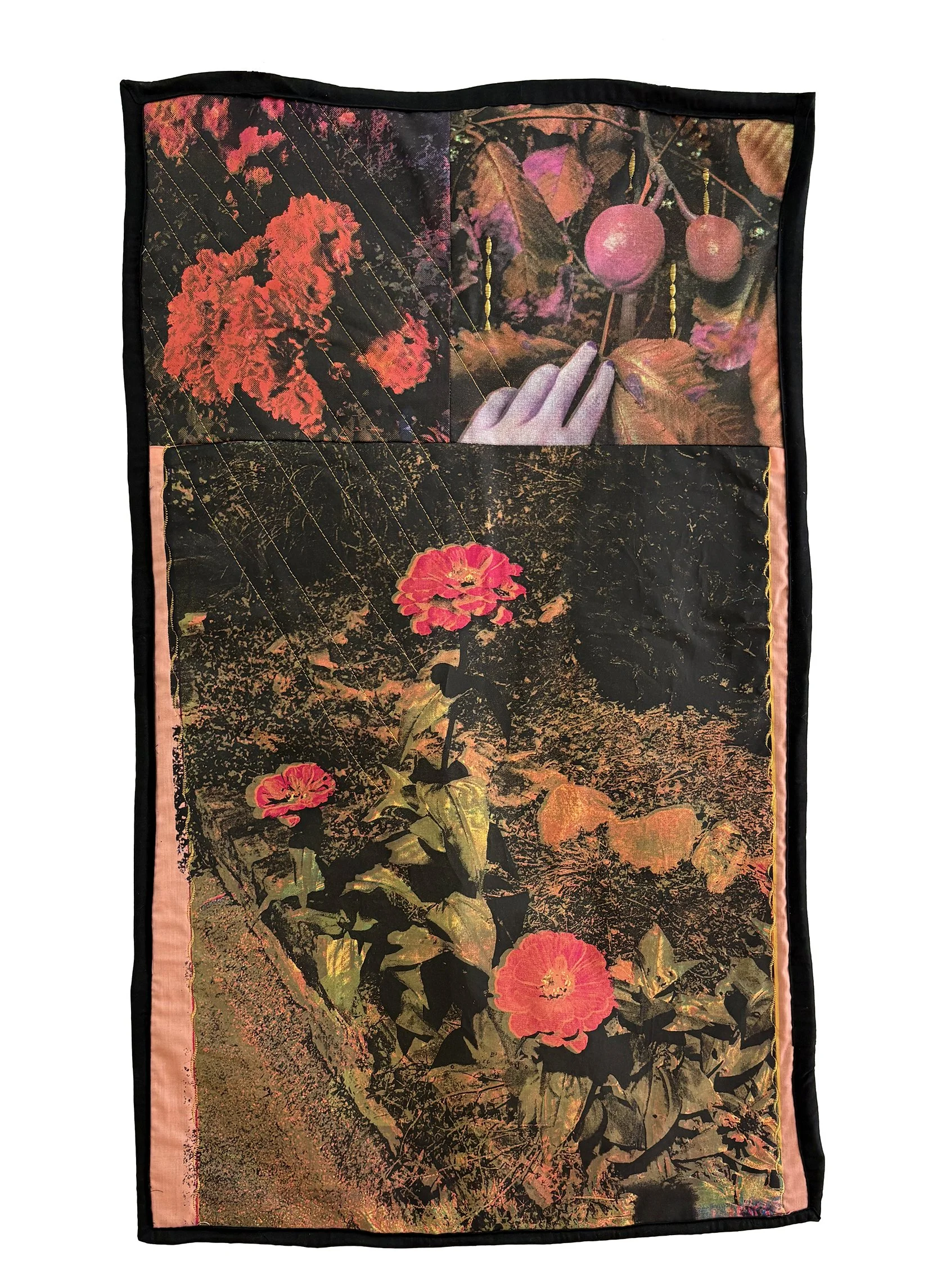 Wall quilt 3 — made from CMYK screenprints of photographs I took that were printed on upcycled textiles, then machine sewn and embroidered. Screenprinted in 2022, assembled in 2026.