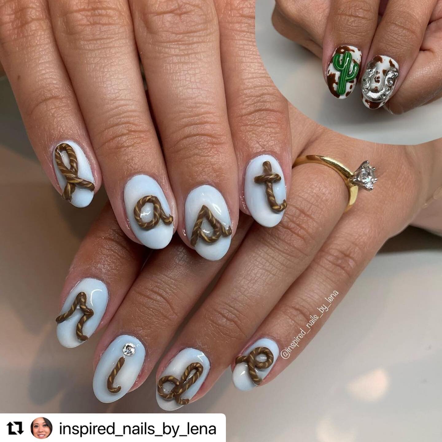 #Repost @inspired_nails_by_lena with @use.repost
・・・
Omg! I had a freaking blast creating this one of a kind masterpiece for @meagansham Sham Antonio.  I hand twisted molding gel into 3d lasso lettering, a horseshoe and a cactus. 🥵 
.
Hard gel + cus