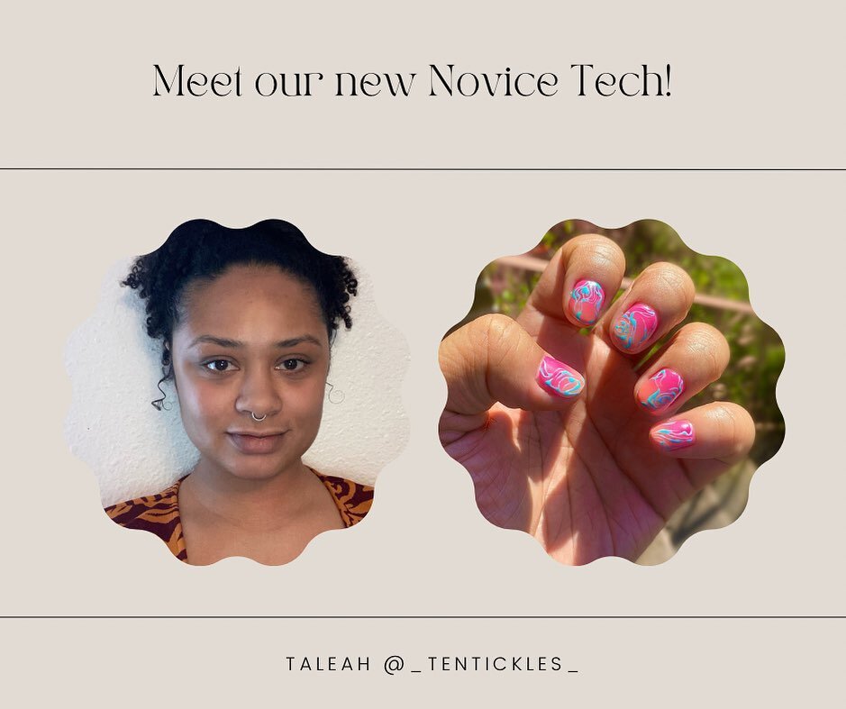 Meet our new Novice Technician: Taleah! @_tentickles_ 

Taleah is a Seattle native who enjoys doing detailed art and natural nails. She recently graduated from Evergreen Beauty College for her Manicurist license! 

Book with Taleah for 20% off Denny,