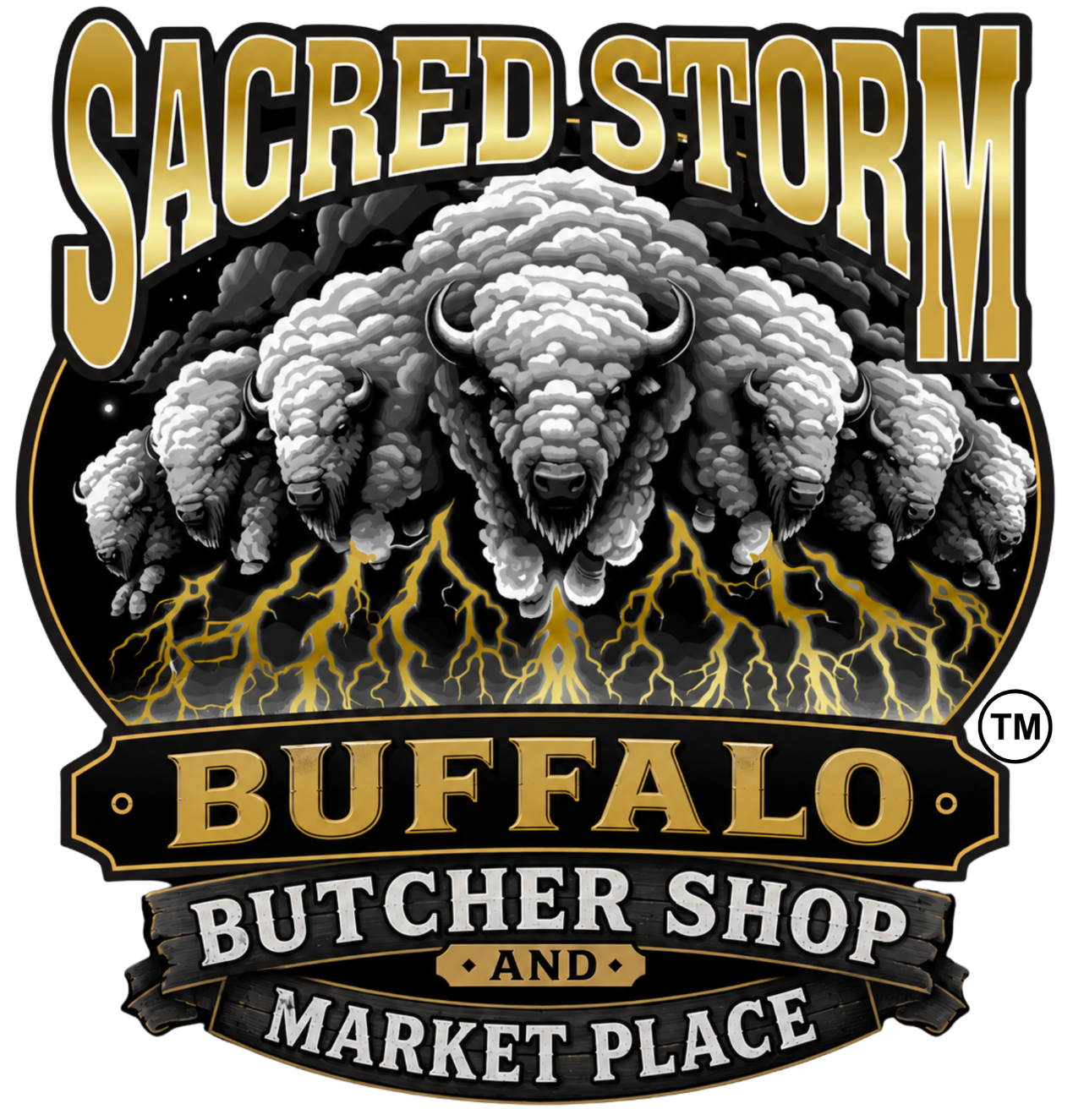 Buffalo Running with Sacred Storm abot the image of the buffalo and Buffalo Butcher Shop and Market in text below