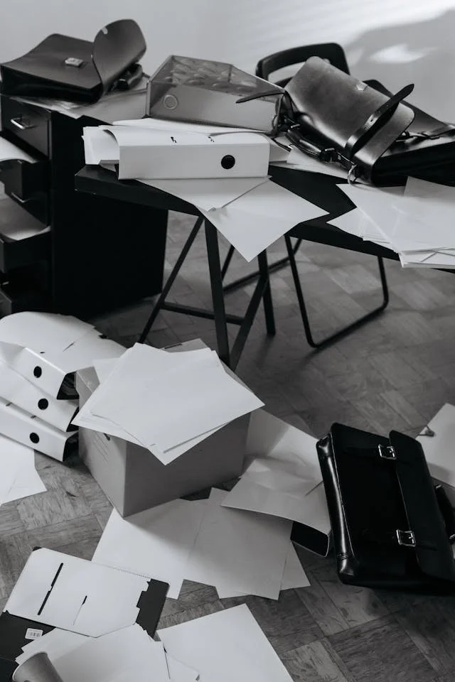 Grayscale Photography of a Messy Office