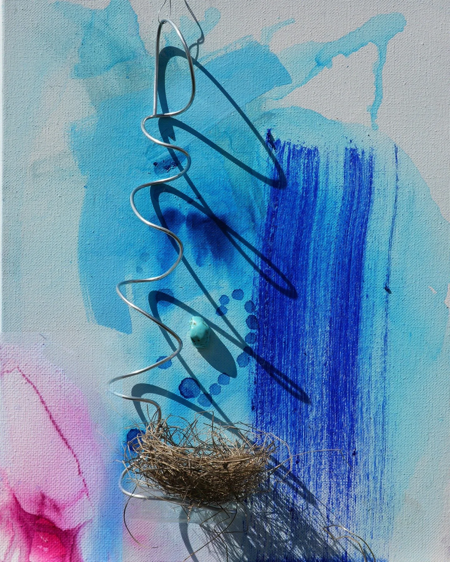 Nest of Origins_wire, pigment, turquoise, bird&rsquo;s nest-2025_Nature&rsquo;s reliquary woven into #abstract #mixedmedia #turquoise #Abenaki #spiral #creativityfound #phoebelegere
