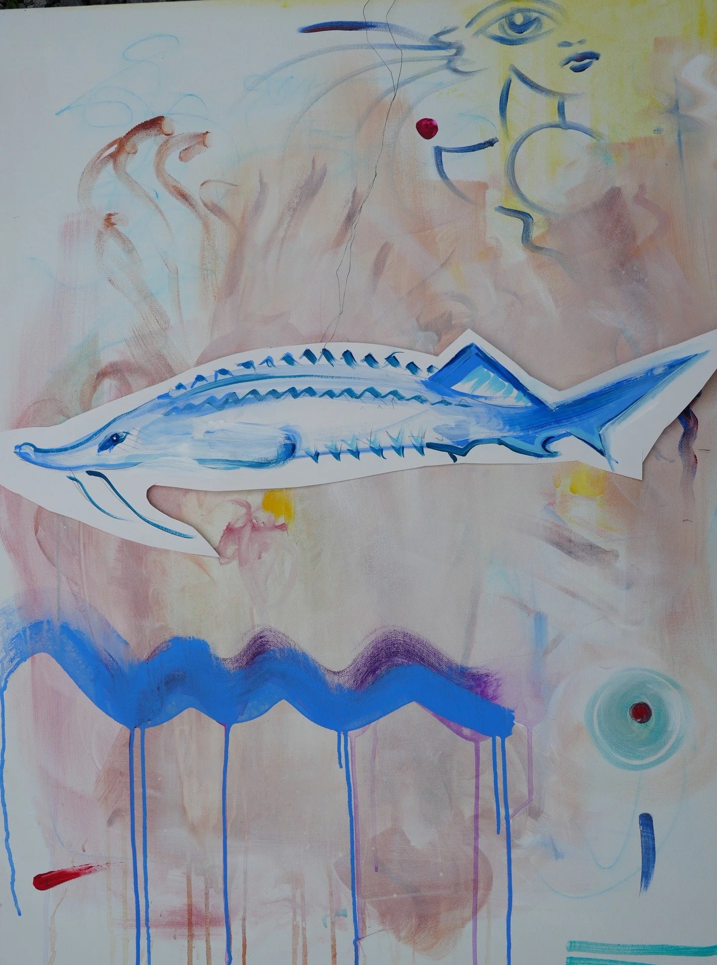Our motto is Streams, Not Screens! Get Wet! We provide waders and scientists. Join us on Friday at Malcolm X Park in Poughkeepsie for Aquablitz! Register at ScenicHudson.org My painting is called &quot;Sturgeon&quot;_oil,collage on linen_Phoebe Leger