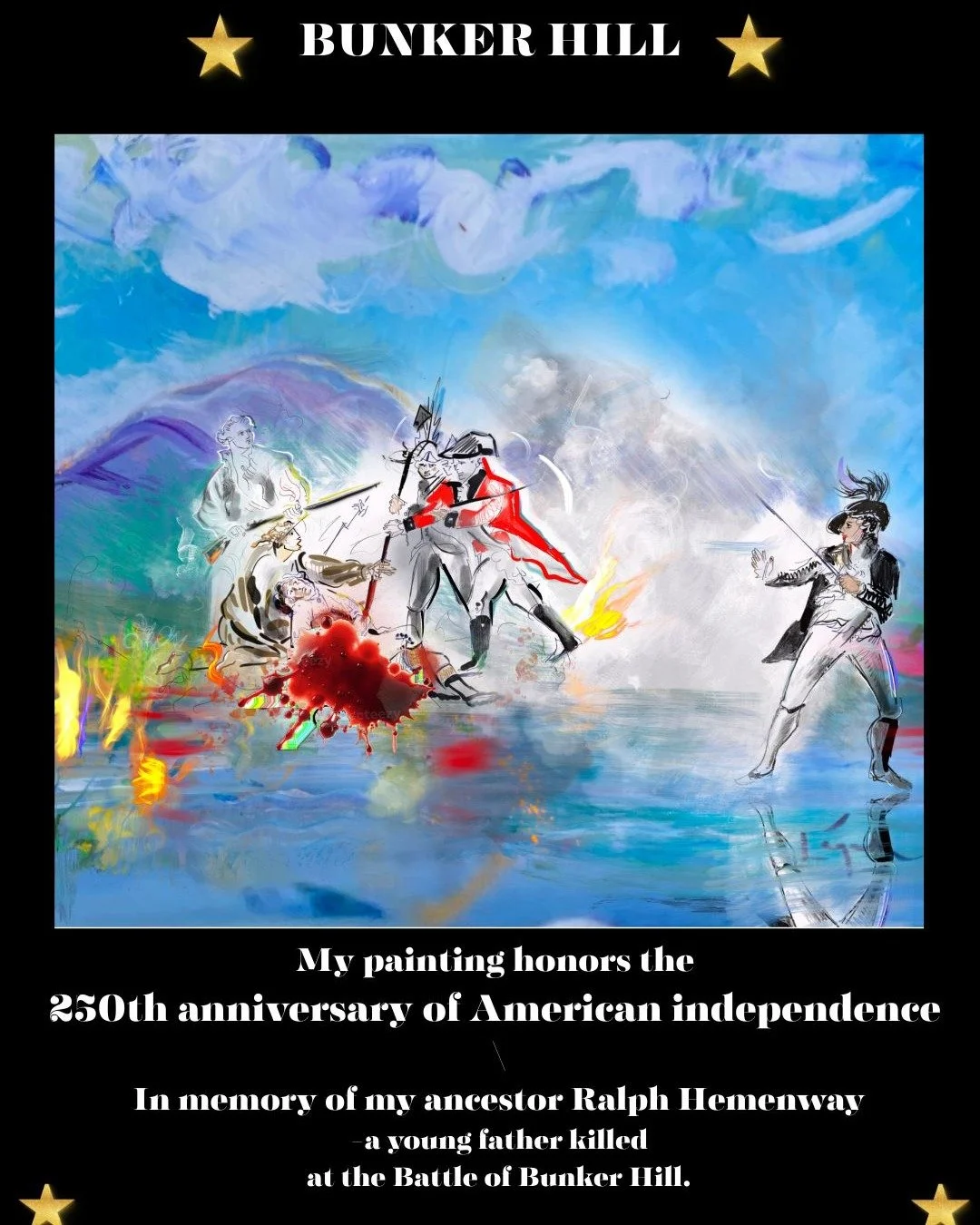 Thank you for the gift of your young life. All Americans are profoundly grateful. #250 #declarationofindependence #bunkerhill #phoebelegere #visionary
Bunker Hill_ink,acrylic,blood_38 x 48 in_2026
