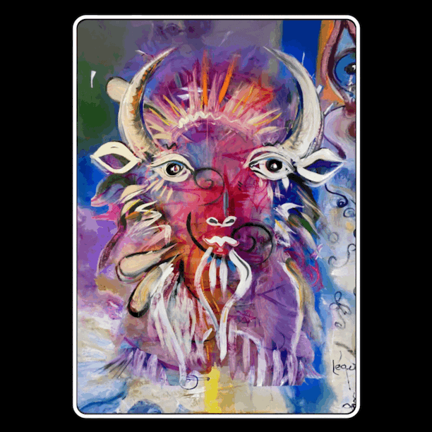 Phoebe Legere's haunting painting of a bull with large horns, blending various vibrant shades including pink, purple, yellow, and blue. Abenaki symbols can be seen through the layers of acetate to an abstract oil painting behind the White Bison. .