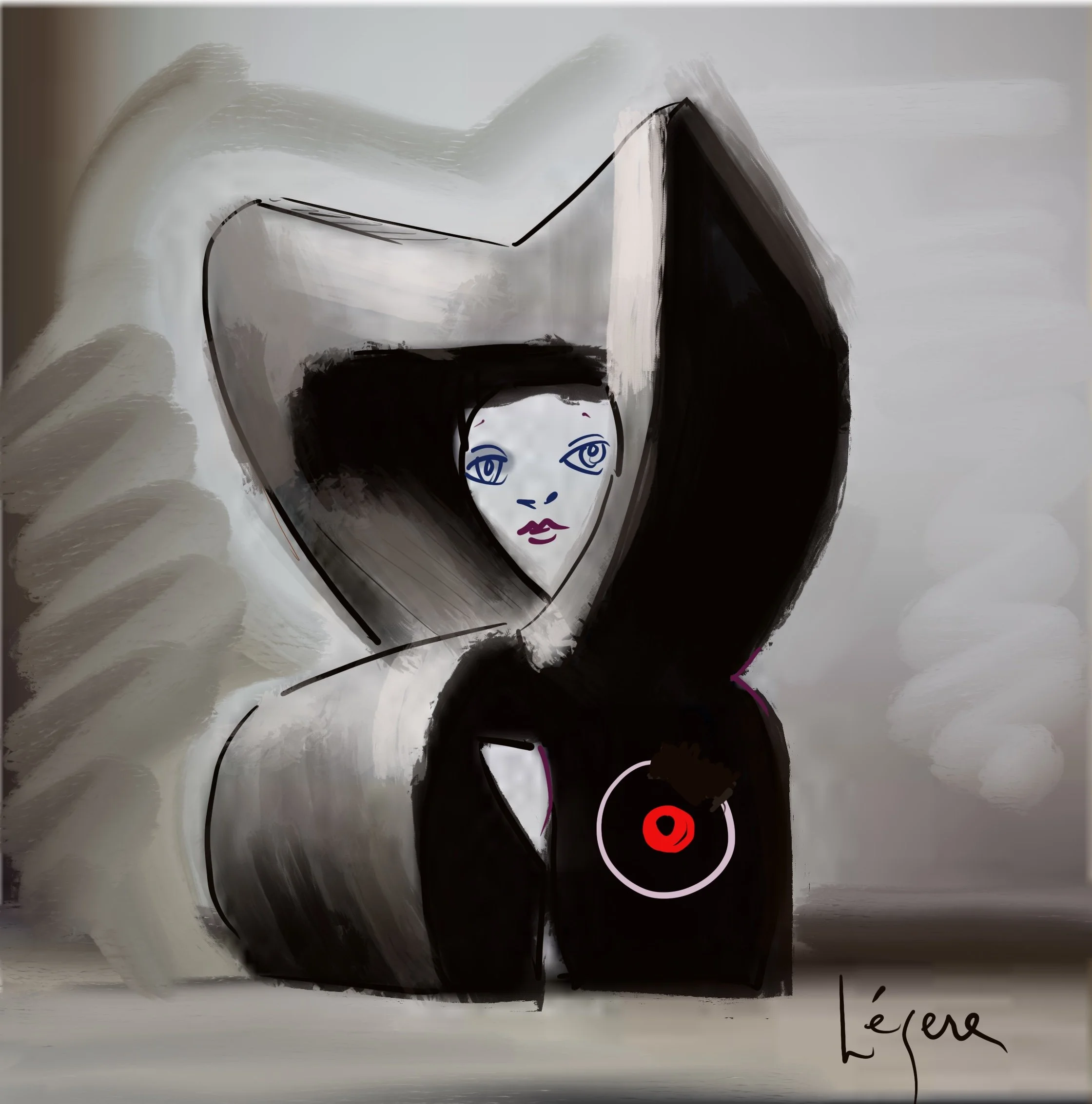 Painting by Phoebe Legere, a woman stares from within an abstract shape. Her red nipple is highly abstracted.