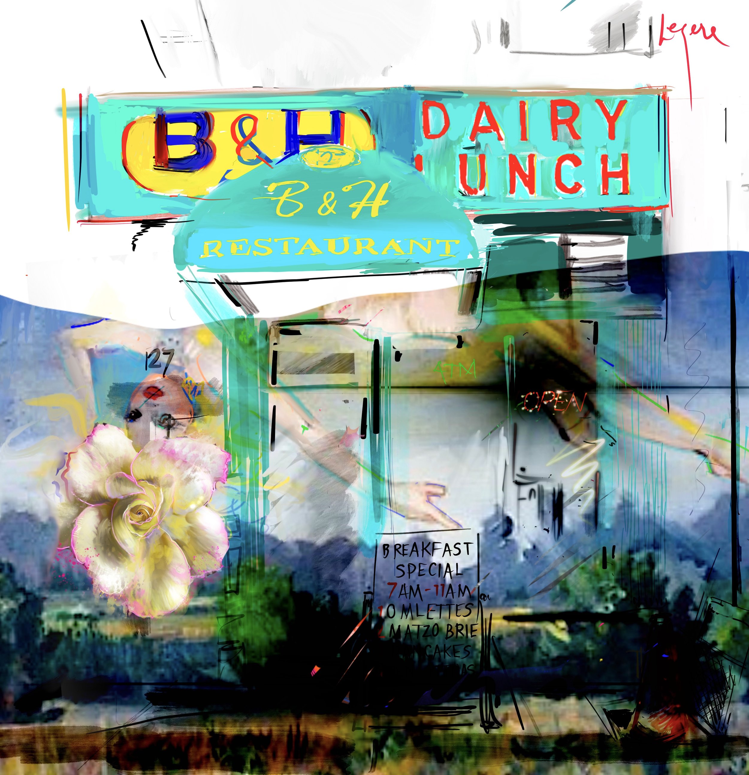 A colorful, artistic sign outside a restaurant promoting breakfast specials, with neon signs and a flower display.