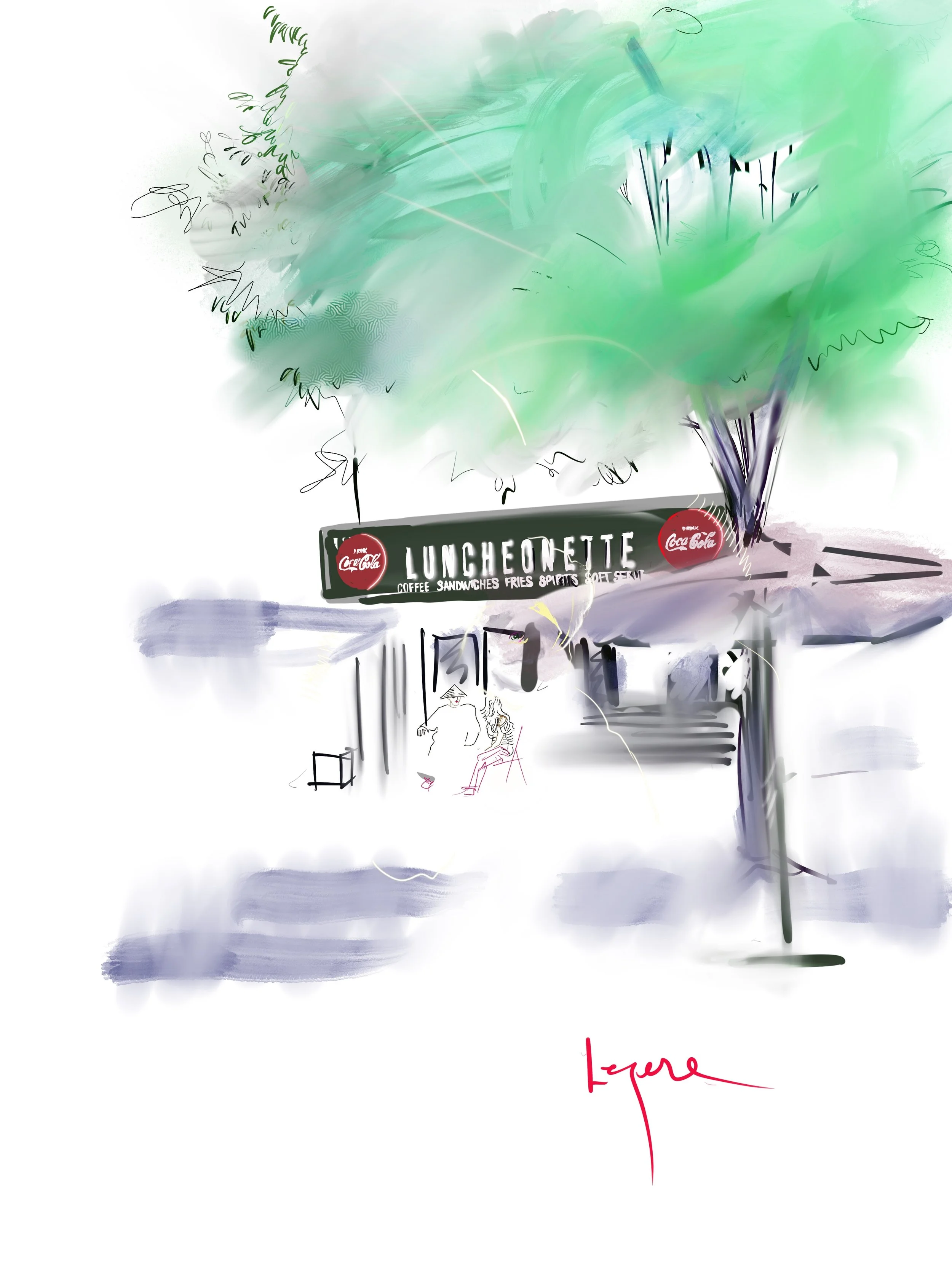 A colorful, abstract illustration of a cafe named 'Luncheonette' with a green tree in the foreground, and two people sitting outside under large umbrellas. The sign displays Coca-Cola logos and lists items such as coffee, sandwiches, fries, and spirits.