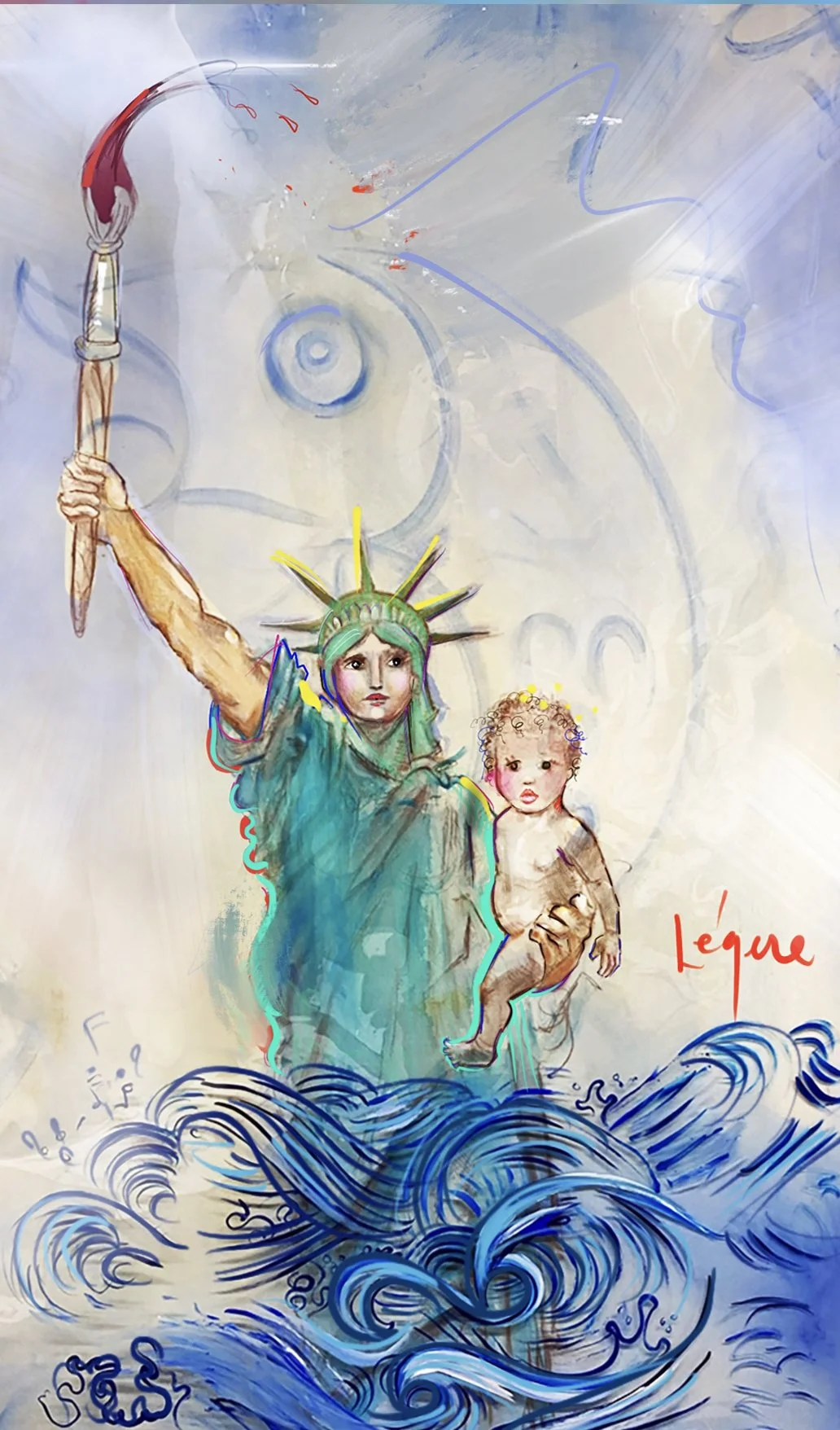 Painting of Lady Liberty holding an immigrant child above the rising waves by Phoebe Legere, The Goddess holds a paintbrush instead of a torch. In 2030 the ocean will have reached her left elbow.