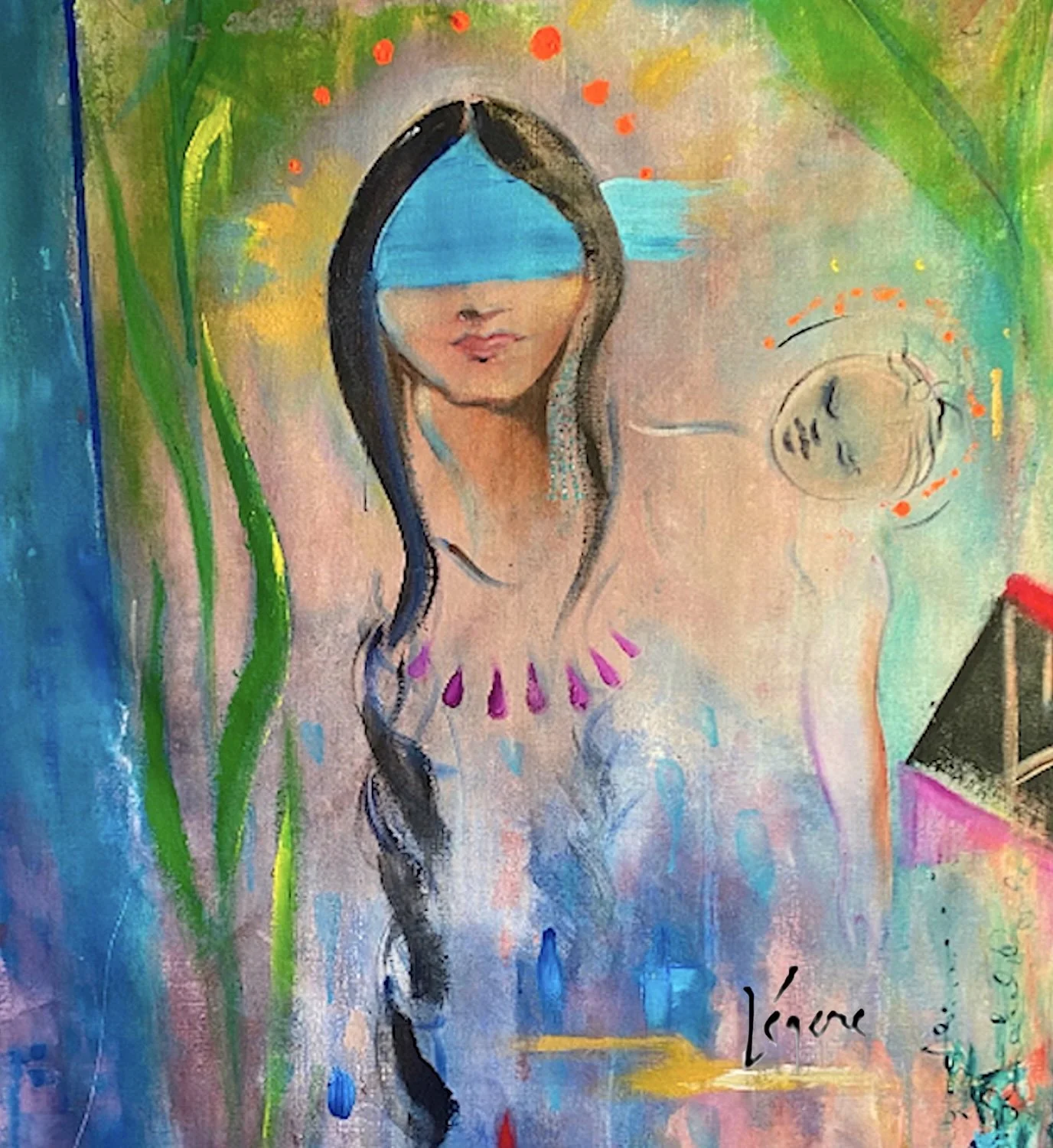 Phoebe Legere's Oil Painting depicting a Murdered Indigenous Mother with her child. Corn can be seen waving next to her. Oil. from the Vanishing Women Series