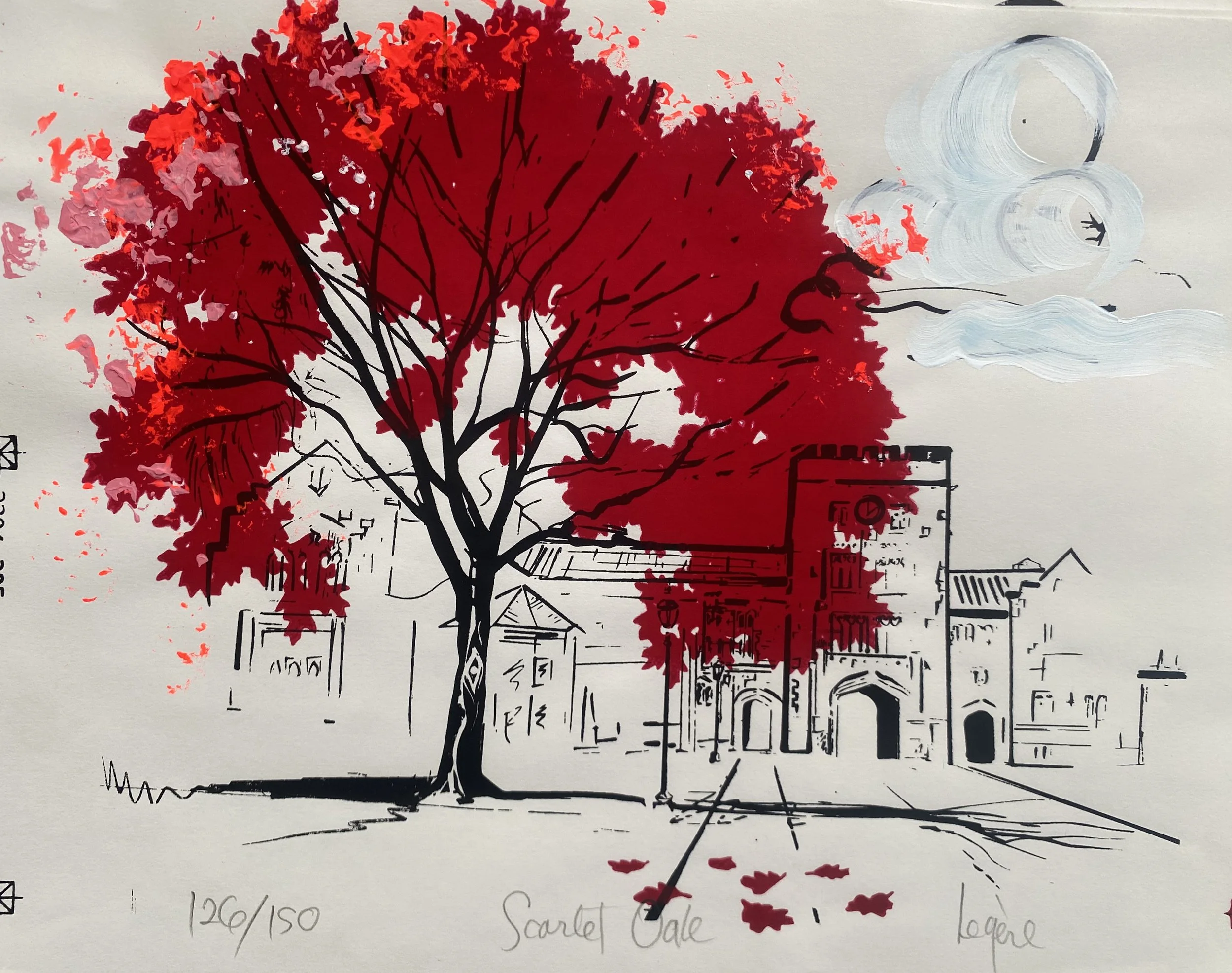 Limited-edition silk screen, hand colored, of a Flaming Oak tree in front of the iconic Vassar Gate and Loeb Art Museum, with a future Vassar student looking on from the clouds, by Phoebe Legere