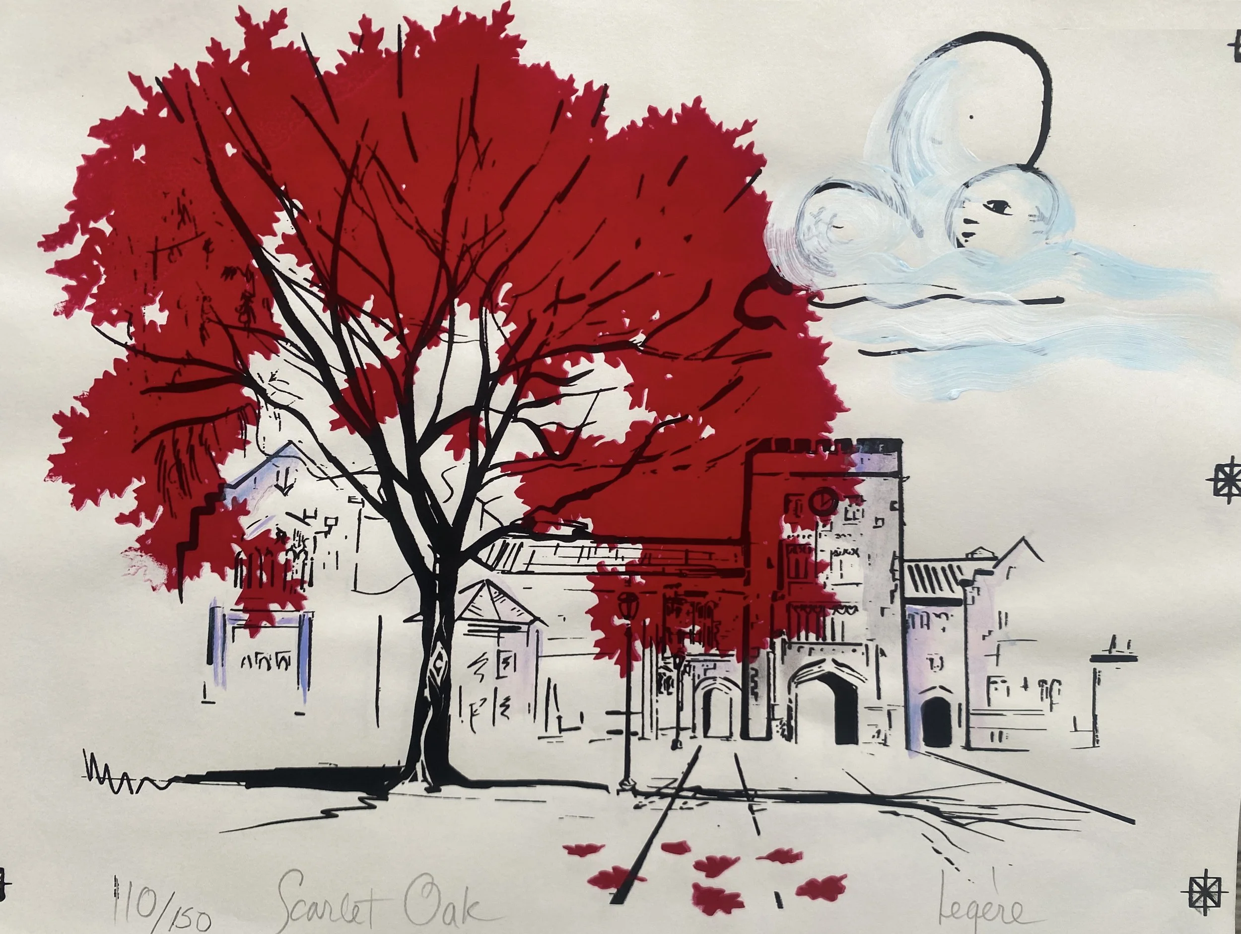 Limited-edition silk screen of a Flaming Oak tree in front of the Vassar College Loeb Art Museum. by Phoebe Legere