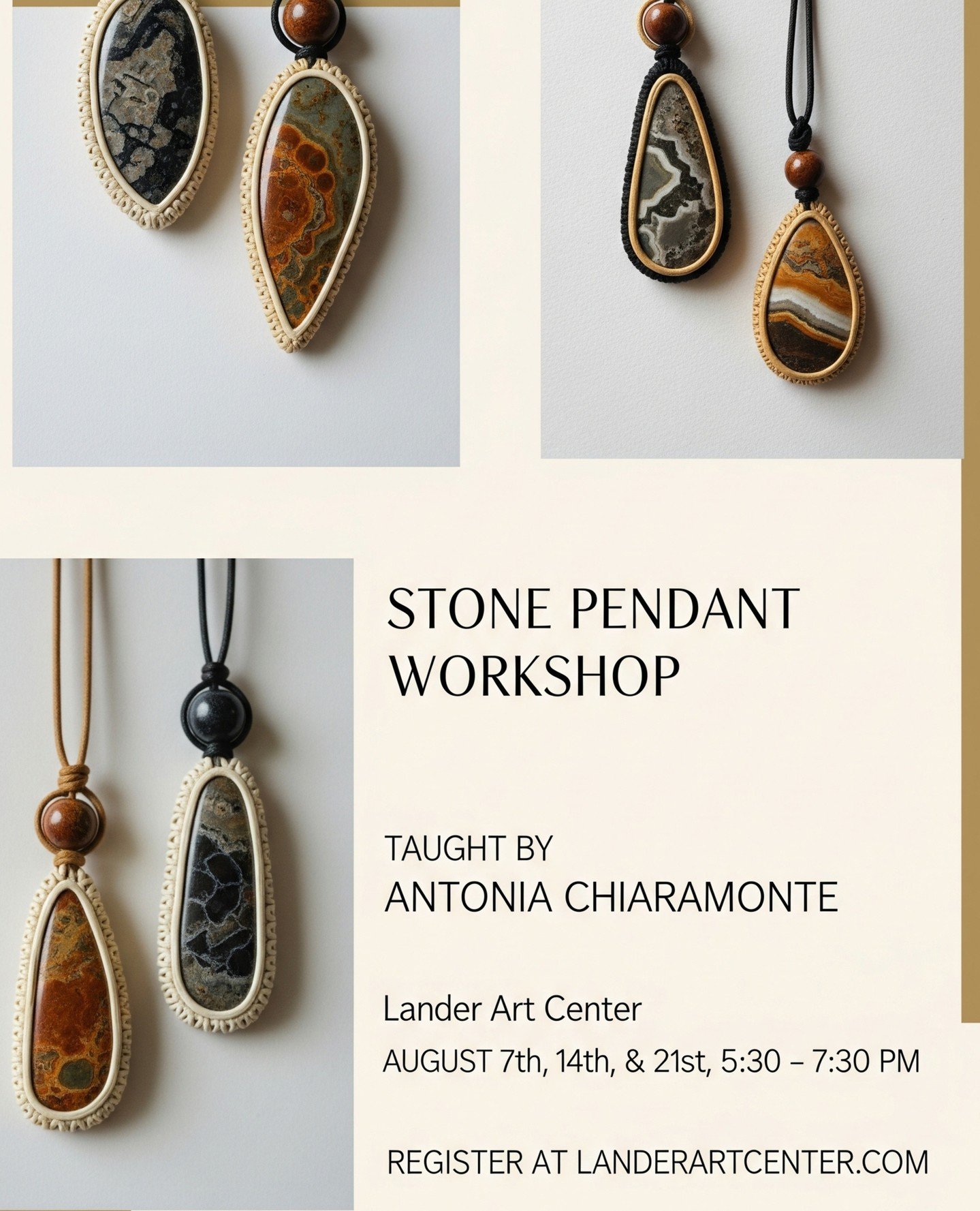 Ever wanted to try your hand at jewelry making? This is your chance! 👇⁠
⁠
Join local artist Antonia Chiaramonte for a Stone Pendant Workshop at the Lander Art Center. Learn to create gorgeous pieces of art you can wear!⁠
⁠
August 7th, 14th, &amp; 21
