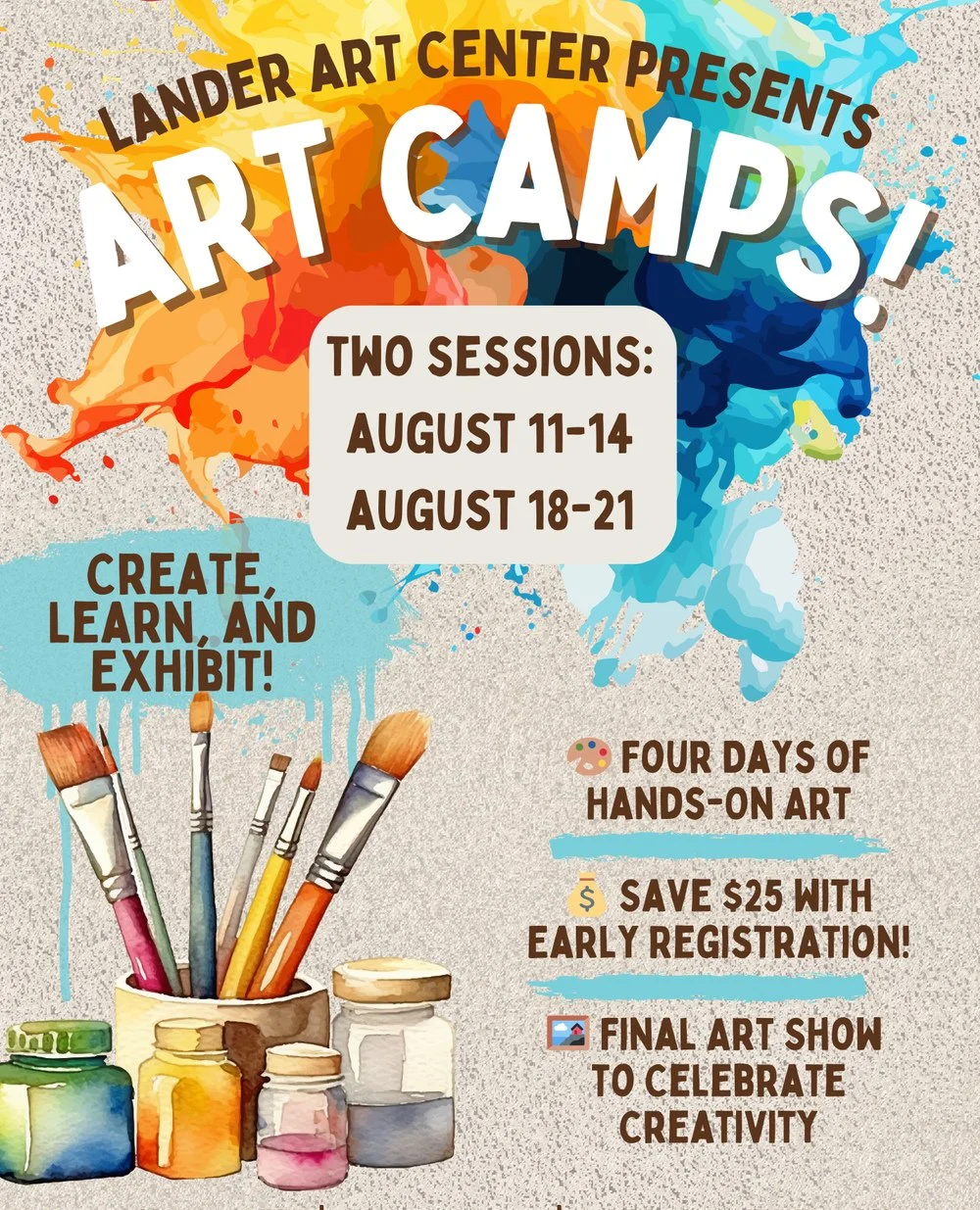We're so excited to bring Art Camp back to the Lander Art Center this August! Spaces have filled up fast already! Come join us for four days of fun, hands-on art making.⁠
⁠
Our first Camp filled up quick but you can still book for our second session: