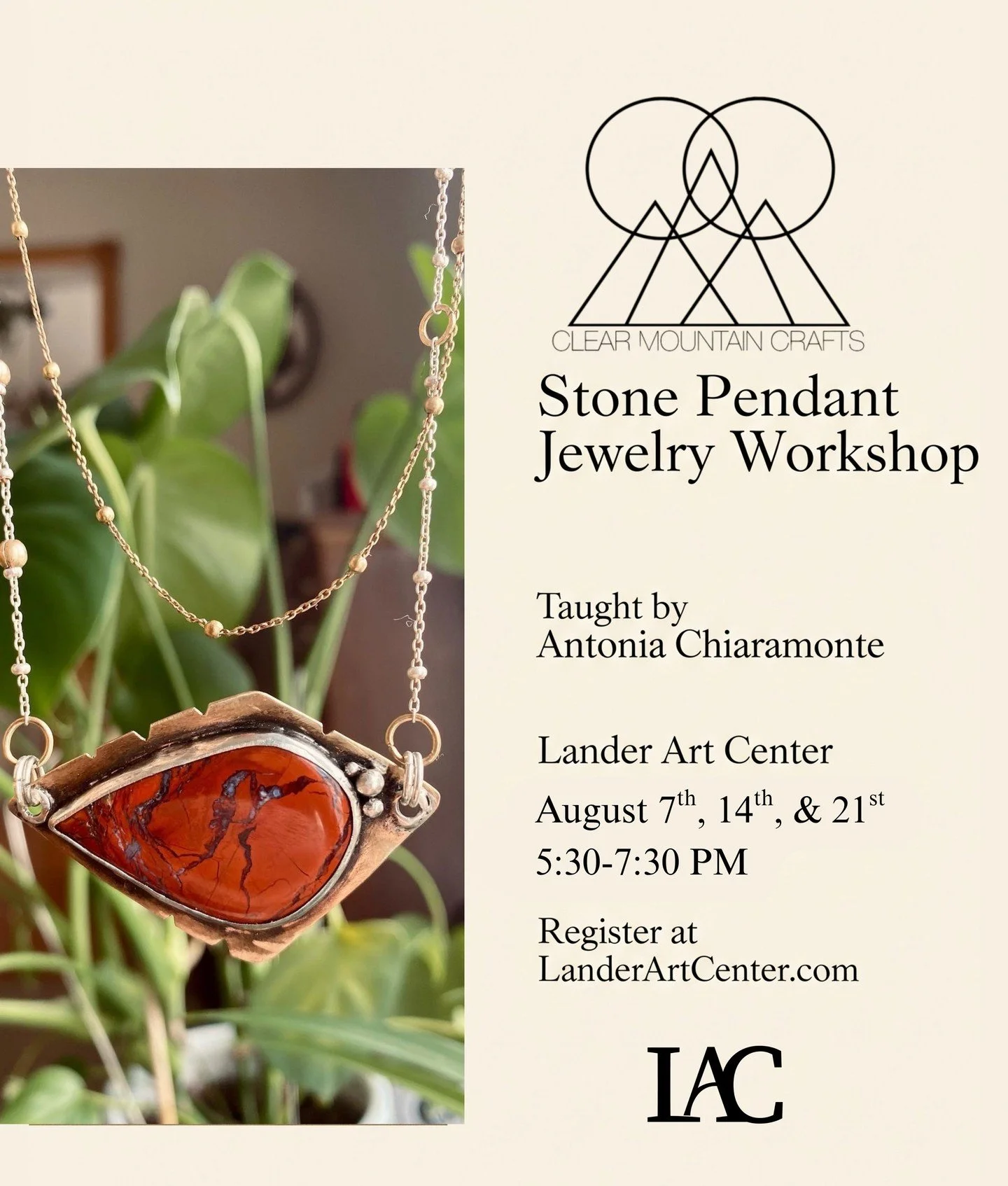 Ready to create your own stunning, wearable art? 💎⁠
⁠
Join us at the Lander Art Center for a three-part Stone Pendant Jewelry Workshop, taught by the talented Antonia Chiaramonte of Clear Mountain Crafts! Over three evenings, you'll learn the skills