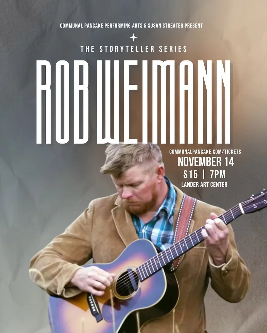 We are honored to be hosting another Storyteller evening with our friends at Communcal Pancake.  This Thursday, November 14, Rob Weimann joins us.⁠
⁠
Rob is an incredible singer songwriter and accomplished fingerstyle guitarist from central Wyoming. 