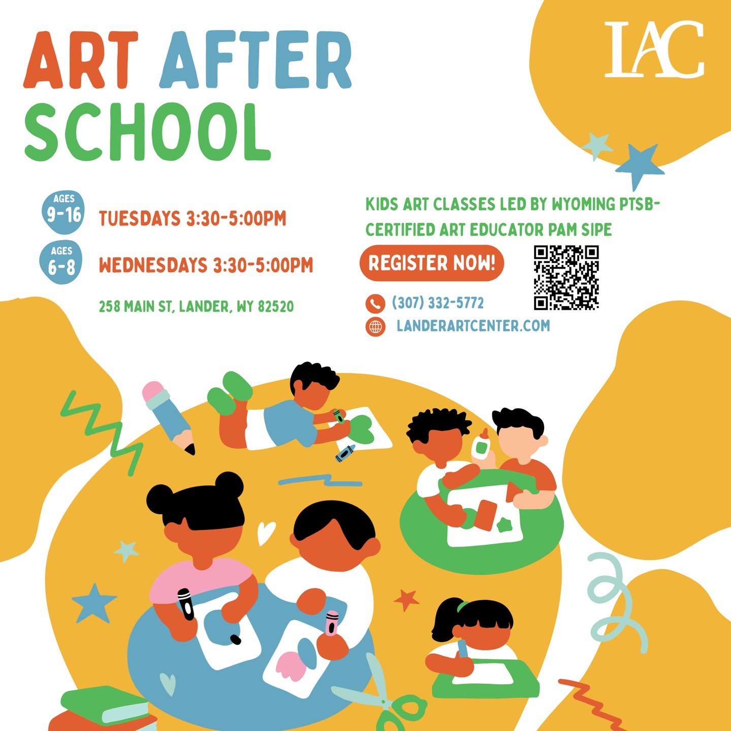 We still have just a few spots open on our roster for our 2026 winter/spring semester of Art After School with Pam Sipe. Scan the QR code or find the link on our website LanderArtCenter.com to sign up while you can!