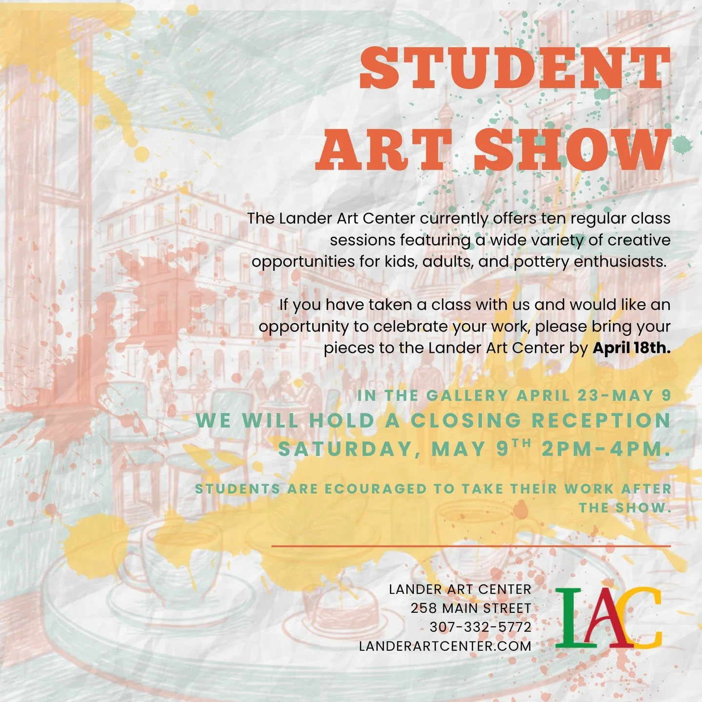 Our walls will be empty soon and we want YOUR help filling them! If you've taken a class with us and would like to celebrate your work, consider our Student Art show. Please fill out the application on our website or in person with us. Pieces and app