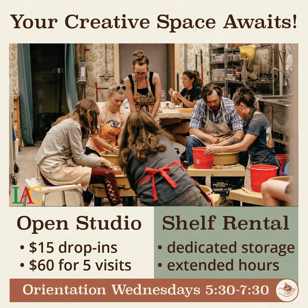 The clay studio is open and Wednesday nights are a great place to start. Orientation runs every Wednesday from 5:30 to 7:30. Two hours on the wheel with guidance from Shannon, Stephen, or Rachel, plus a walkthrough of the space so you can use Open St