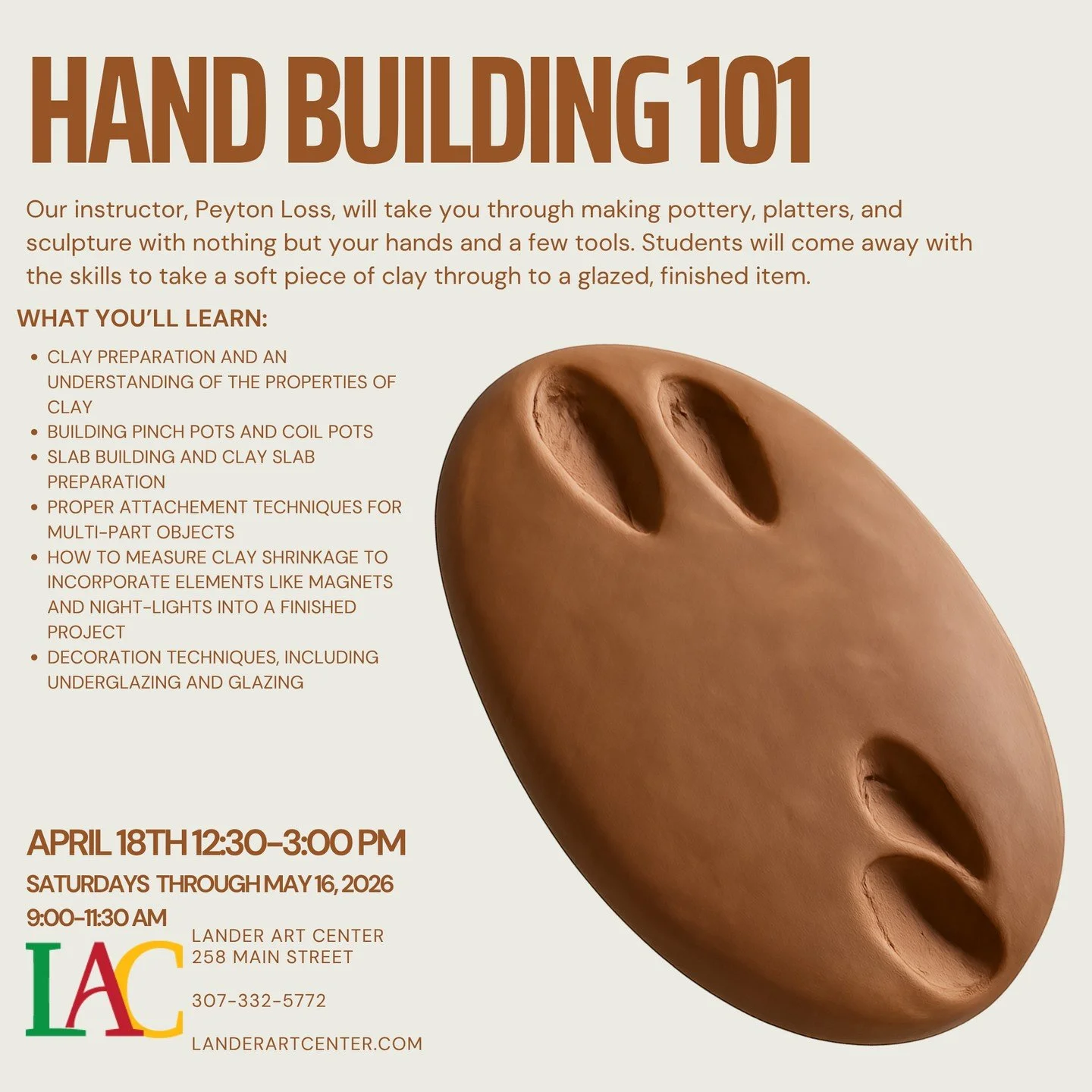 Last chance! This Saturday, Peyton Loss with begin her 5 week hand building class. This class is open to any students, no experience required. Learn how to work with clay and make something new. Sign up on our website, link in bio.