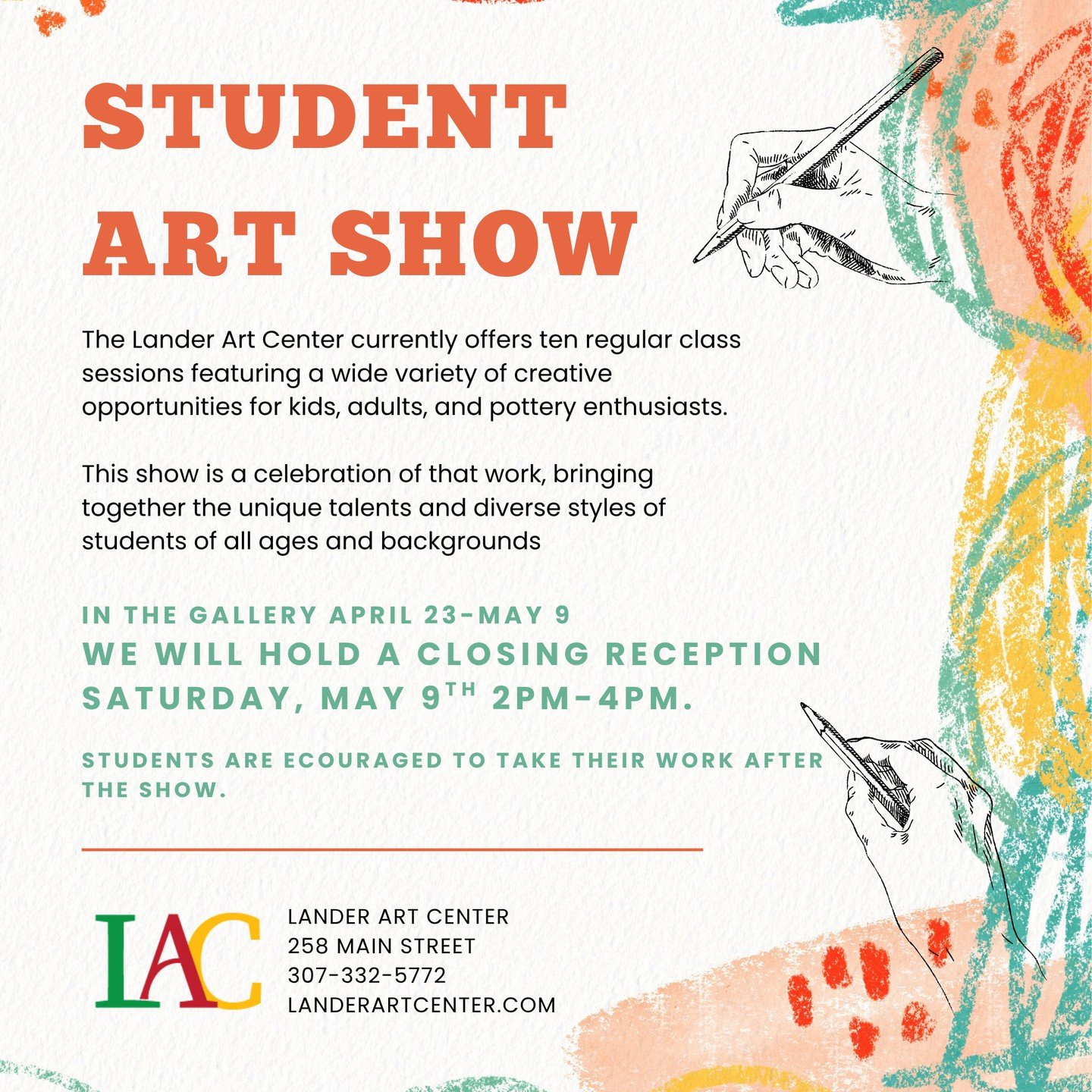Just one more week until we open our Student Art show! If you want to participate please submit your application and artwork to the Lander Art Center by the 18th. ⁠
We will host a closing reception open to the public on Saturday, May 9th. Students ar