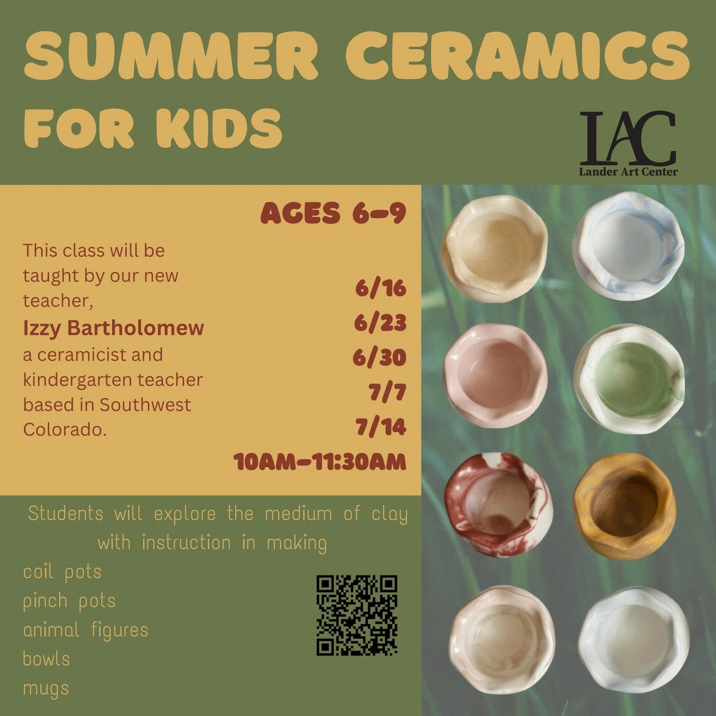 In just a couple of weeks we have a new kids art class starting. Summer Ceramics with our new teacher Izzy. Students will learn the basics of hand building with clay and leave with unique pieces they make. Sign up on our website.