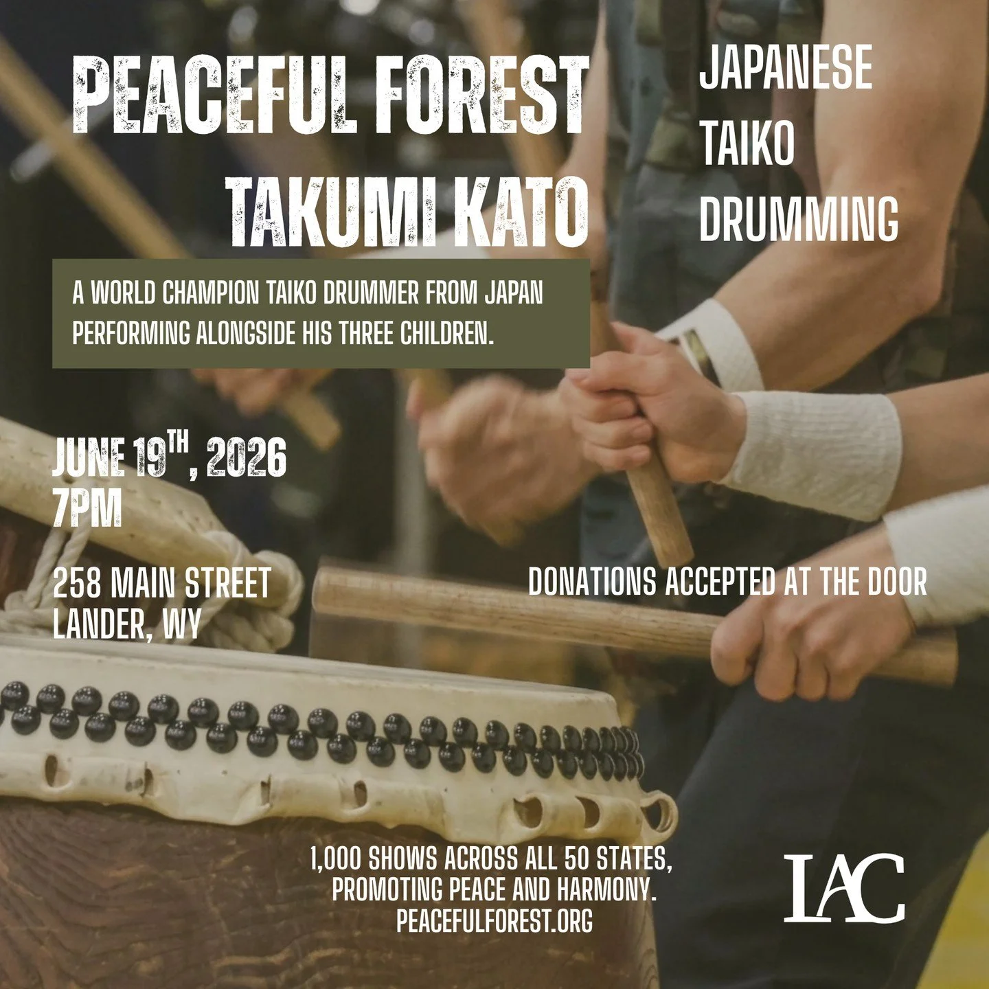 Takumi Kato is a Japanese Taiko drummer traveling the United States with his family and next week they will be here in Lander, Wyoming. We are so incredibly excited for this performance and we hope you will join us for a night of music. June 19th at 