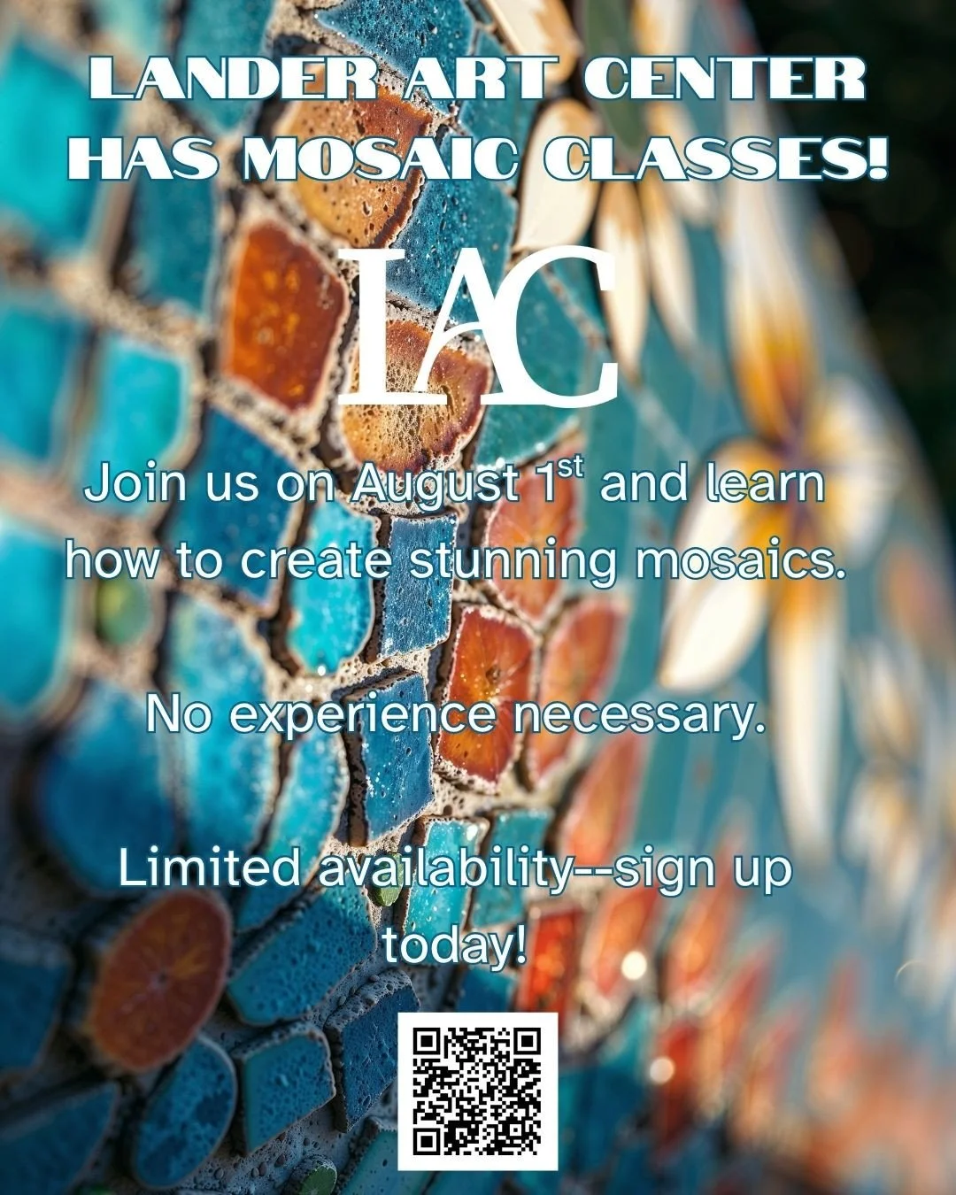 Starting August 1st, learn how to make stunning mosaic designs. Whether you're brand new to mosaics or a returning student ready to try a new form, you'll leave with both deepened skills and a beautiful finished piece you'll be proud of.⁠
⁠
#LanderAr