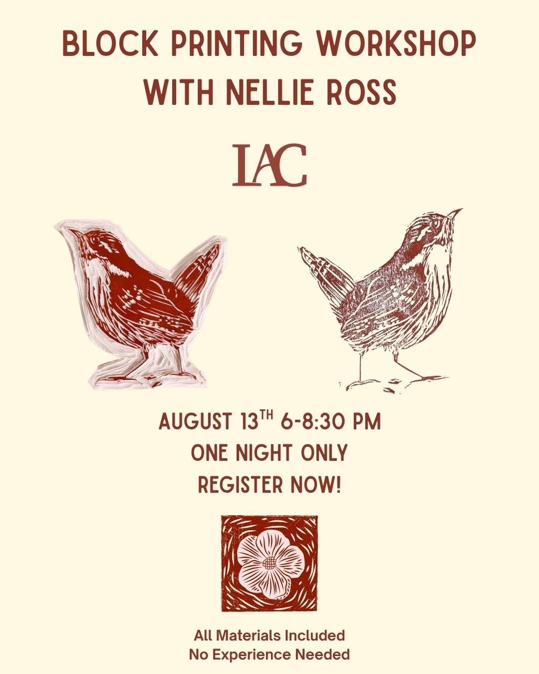 Did you enjoy our last block printing class? Well, great news! We have another block printing opportunity. August 13th, for one night only, Nellie Ross, an experienced block printer will host a comprehensive workshop from 6-8:30 PM at LAC! There are 