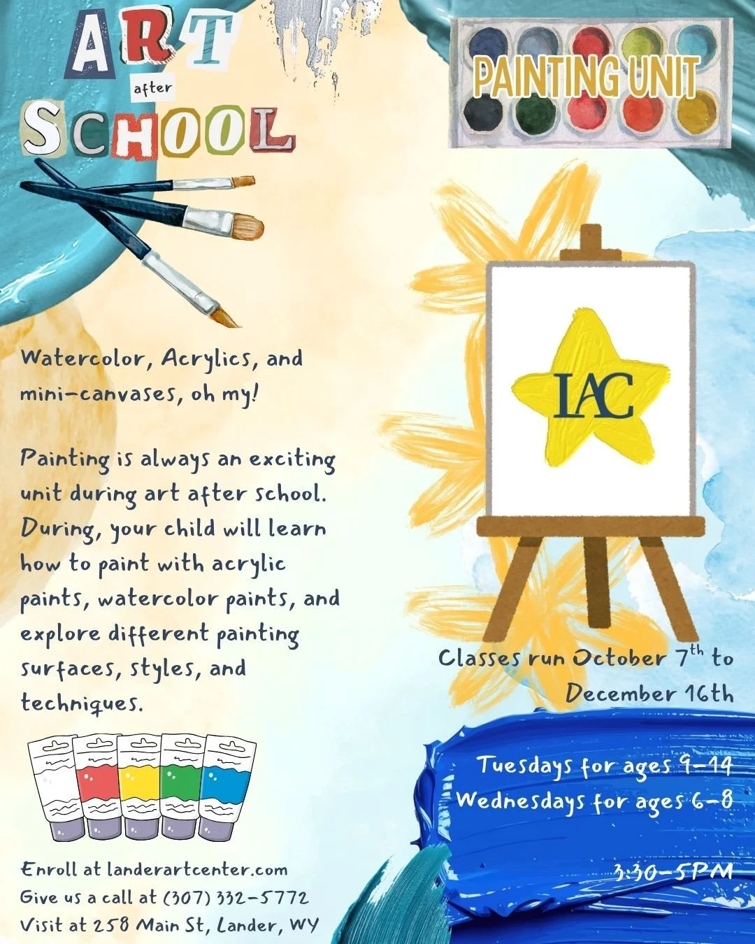 Does your kiddo love to create with paint? Sign them up for art after school and watch them blossom in a creative environment! Among many other artistic practices, children will learn the ins and outs of watercolor and acrylic paint on a variety of d
