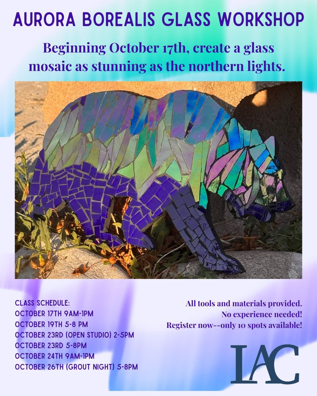 The word is out--Lander Art Center has a new mosaics workshop! ⁠
⁠
Harness your creativity and join Traci Sessions for another wonderful class this fall. Beginning on October 17th, the northern lights will light up LAC's classroom. What a perfect pro