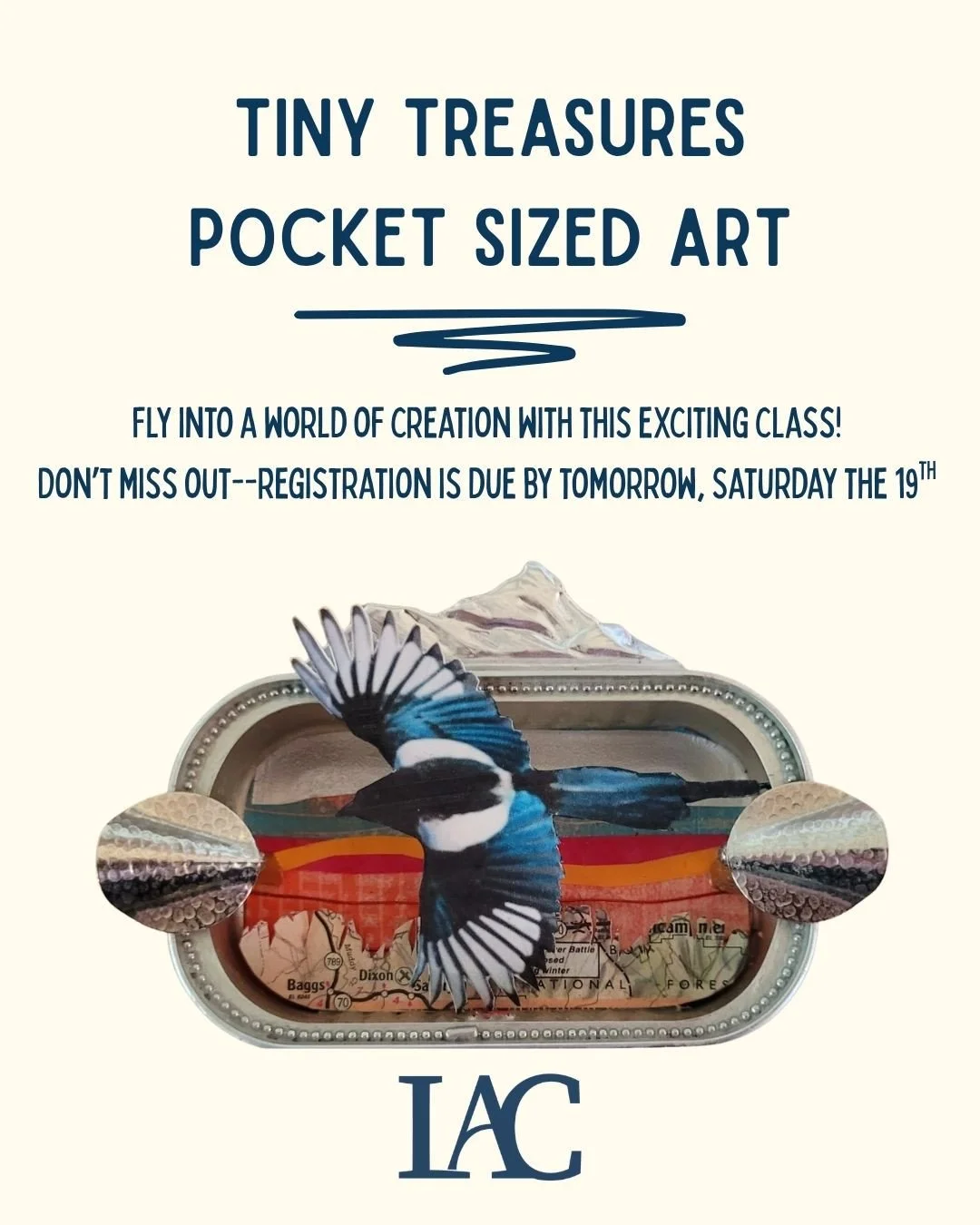 Time is almost out--please register immediately to join our exciting and enriching Tiny Treasures class where participants will make pocket-sized art out of a sardine can and many other fun materials. ⁠
⁠
Visit landerartcenter.com to register. ⁠
⁠
Re