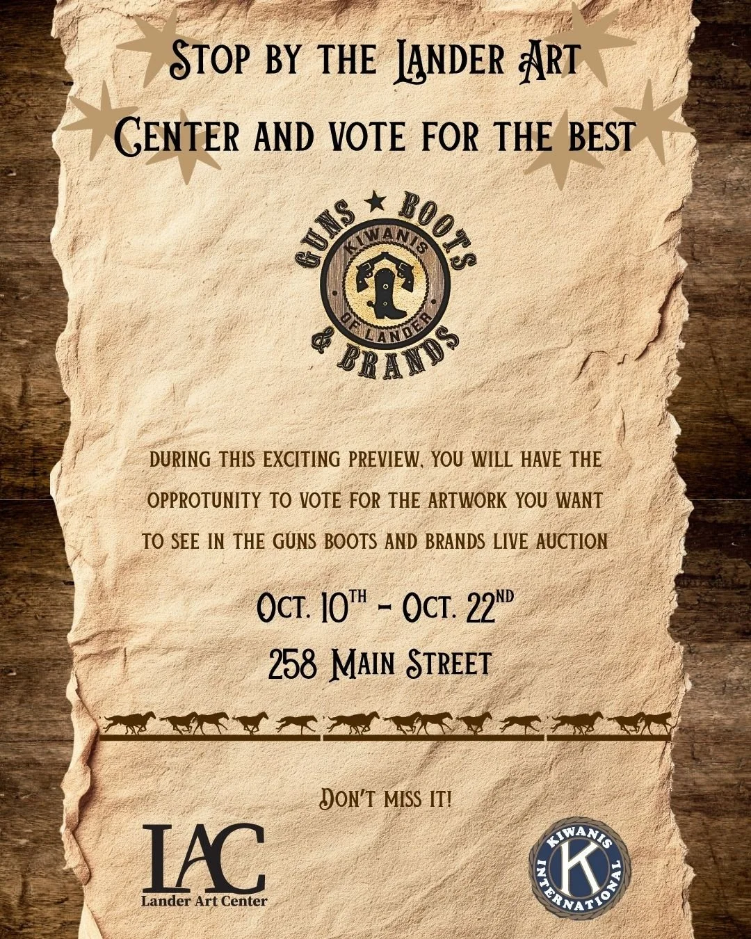 Don't forget to stop by LAC and vote for your favorite artwork! The pieces with the most votes will make it into the Guns Boots, and Brands live auction which will take place on October 23rd at the Lander Community Center. Doors open at 5PM and ticke