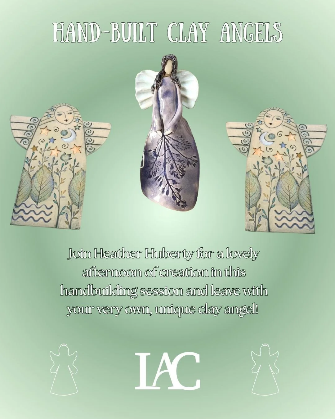 Come to the Lander Art Center for a day of creation in our clay studio. Heather Huberty will guide you in hand building your very own angel made out of clay. These pieces are sure to make lovely gifts or a unique addition to your own holiday decor at